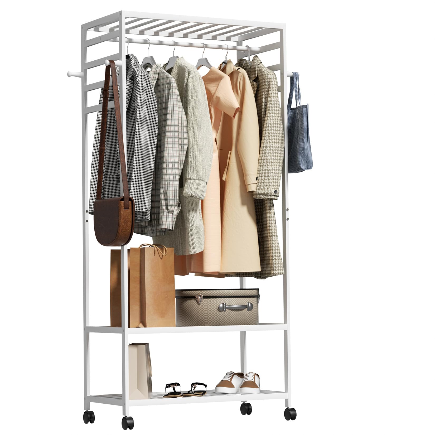 unho Bamboo Clothes Rail Open Wardrobe with Shelves, Rolling Clothing Rack with Hooks & Large Storage, White