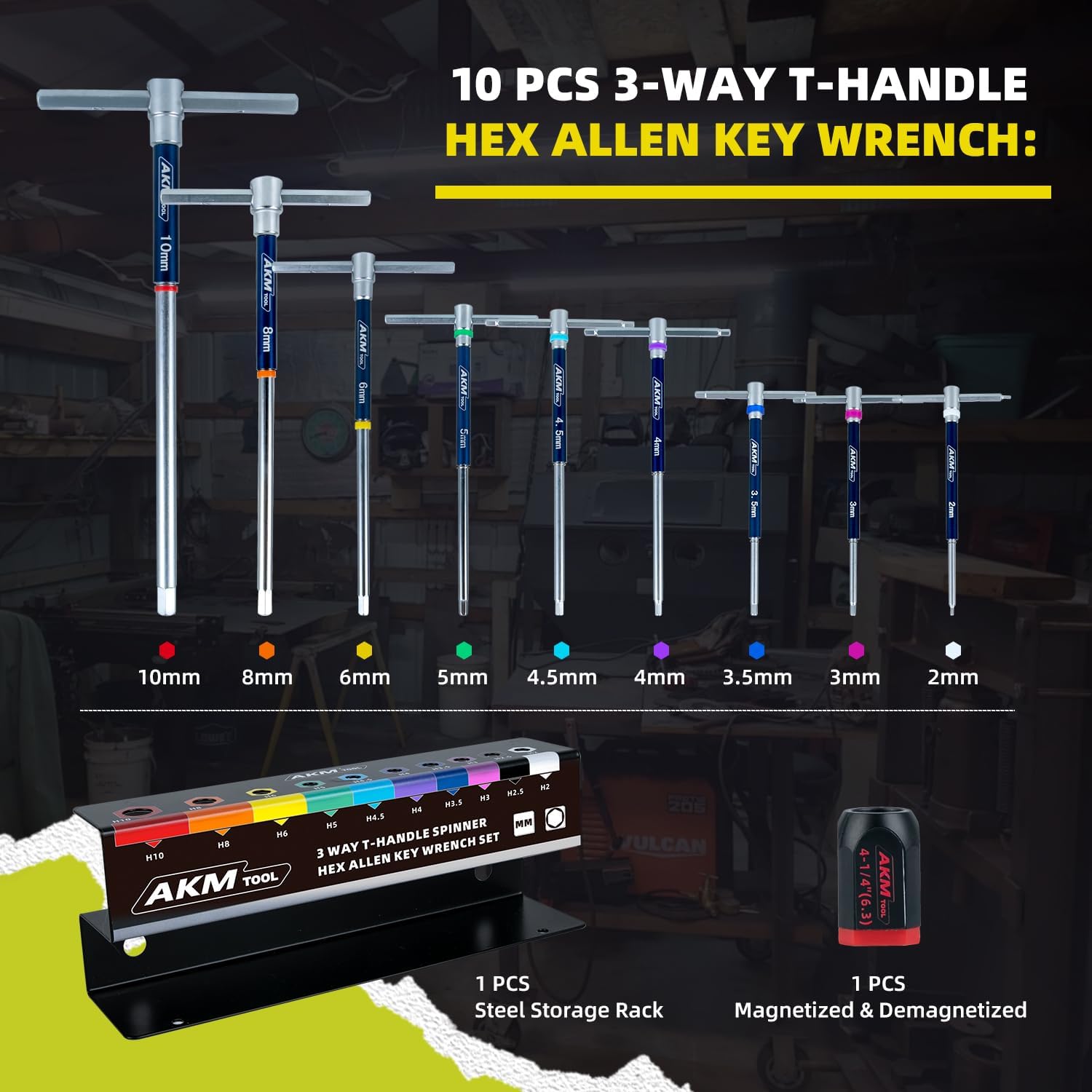 11 Pcs 3-Way T-Handle Hex Allen Key Wrench Set, Metric, 2mm-10mm, Sliding Handle, Allen Wrench Set with Magnetized & Demagnetized, for Versatile Speed And Leverage Application