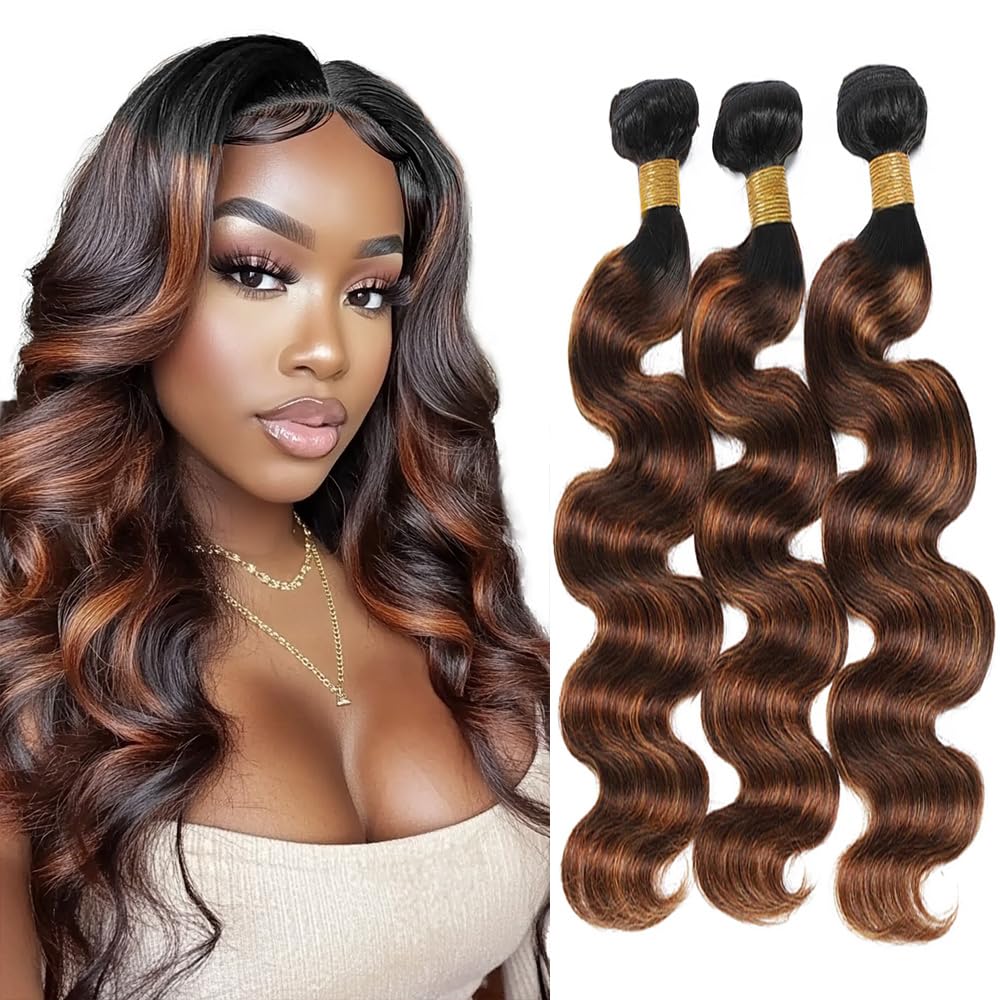 Ombre Body Wave Bundles Human Hair Double Weft Brazilian Hair Extensions Ombre Two Tone Brown Mixed With Color 30 Body Wave Bundles for Women 16 18 20 inch