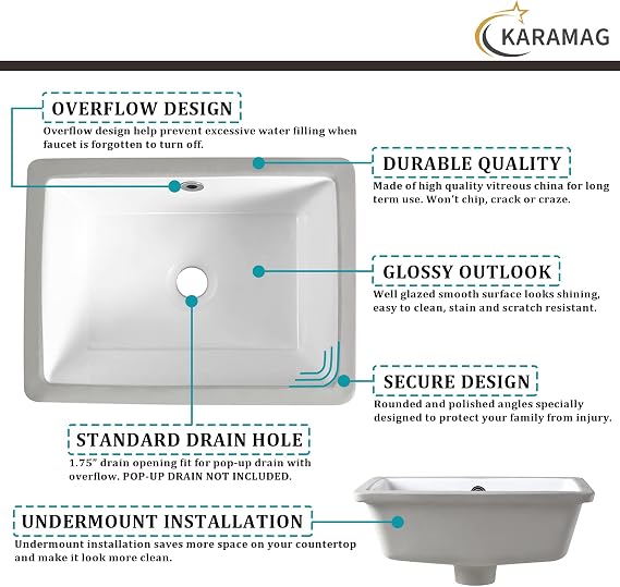 16 Inch Undermount Bathroom Sink Small Rectangle Undermount Sink White Ceramic Under Counter Bathroom Sinks with Overflow (15.70x11.69)