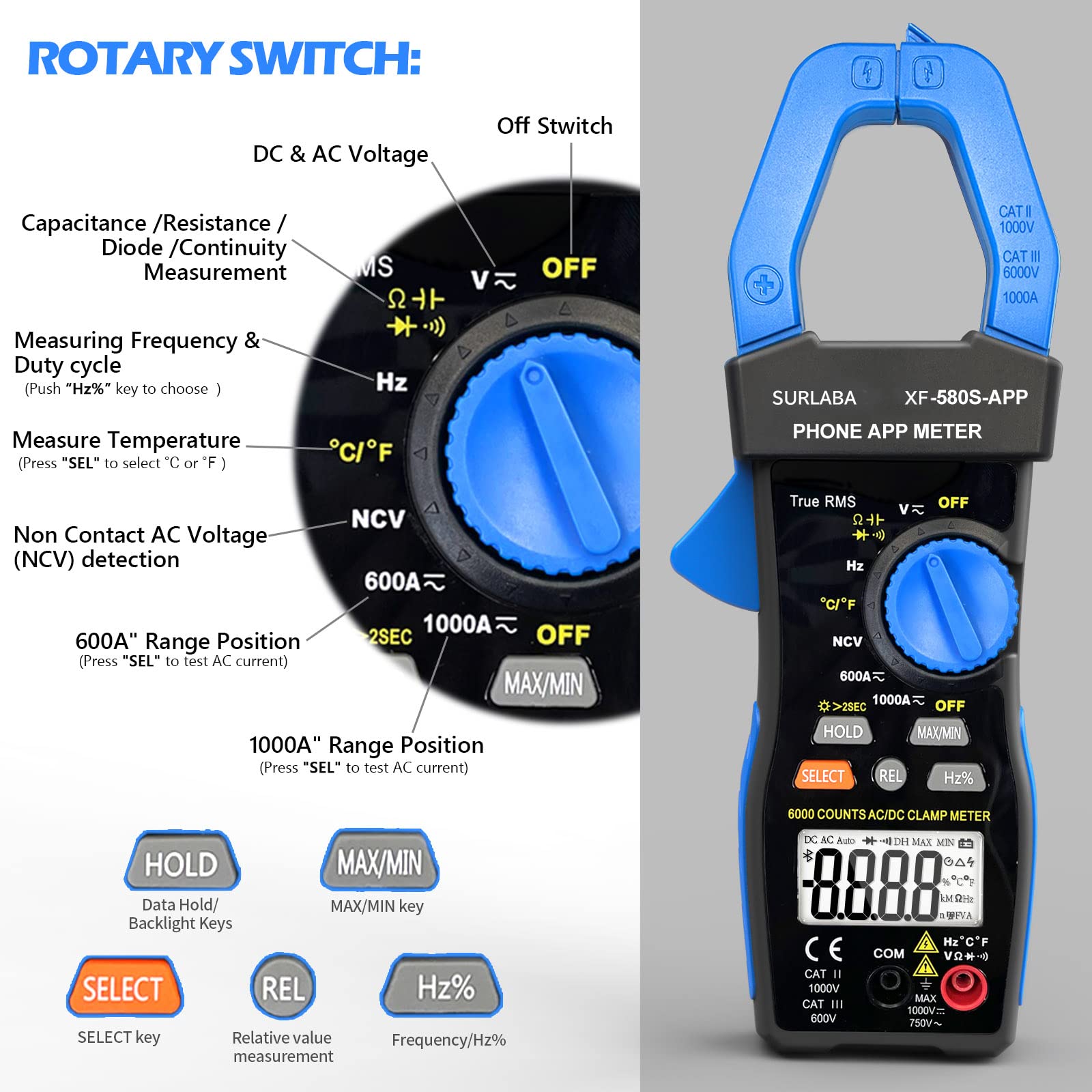 Zacisk amperymetryczny Bluetooth, NCV AC DC Clamp Multimetr cyfrowy TRMS, 6000 Count miernik napięcia prądowego, woltomierz amperomierze z ciągłością temperaturową Odporność na diody Pojemność Hz