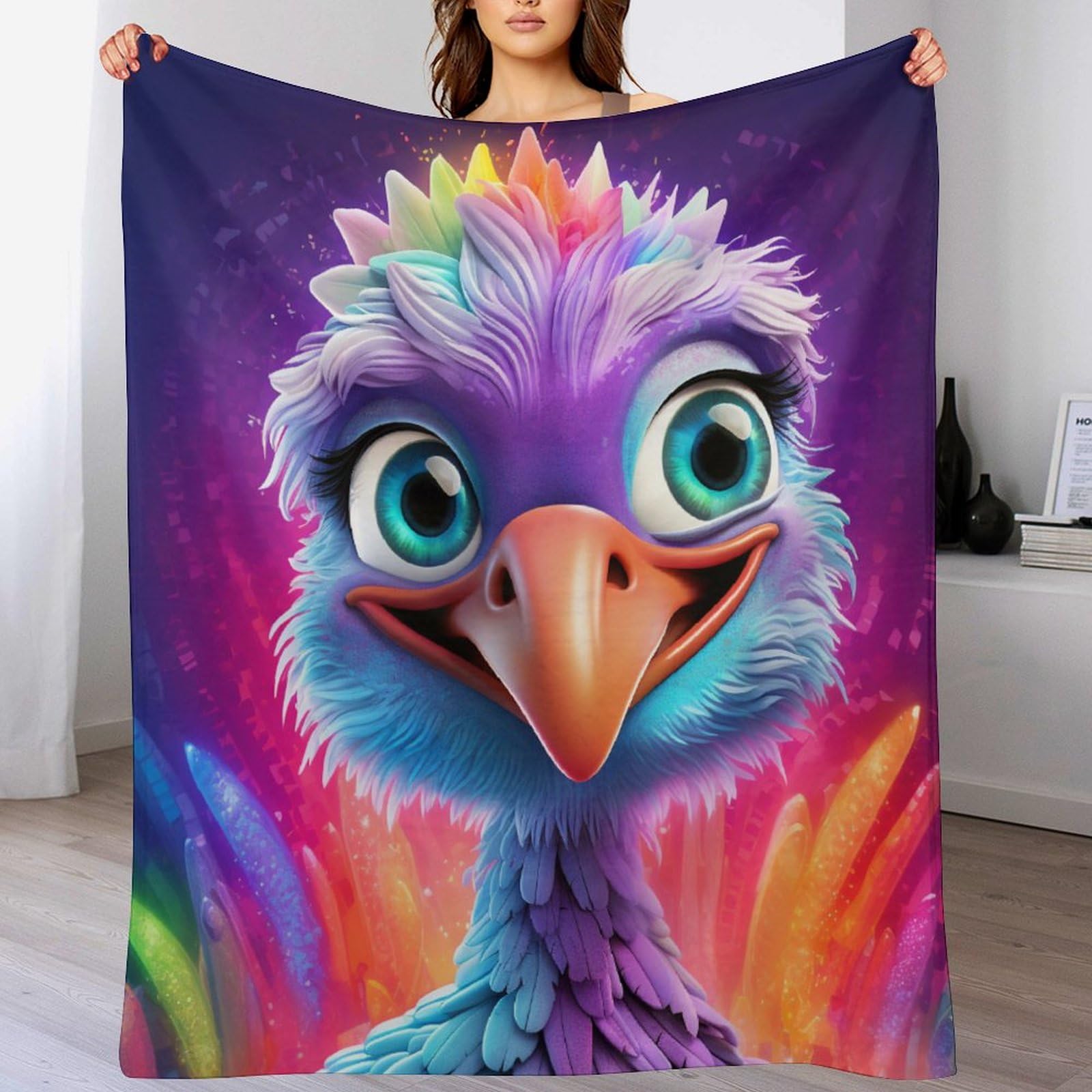 Couverture polaire idéale pour cocooning sur le canapé avec son motif autruche