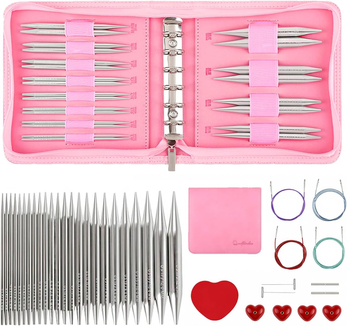 Interchangeable Circular Knitting Needles Set,12 Pairs US 4–17 (3.5–12mm), 4.53-Inch Aluminum Tips with 4 Cables, End Caps, Connectors, Tightening Keys and Storage Case