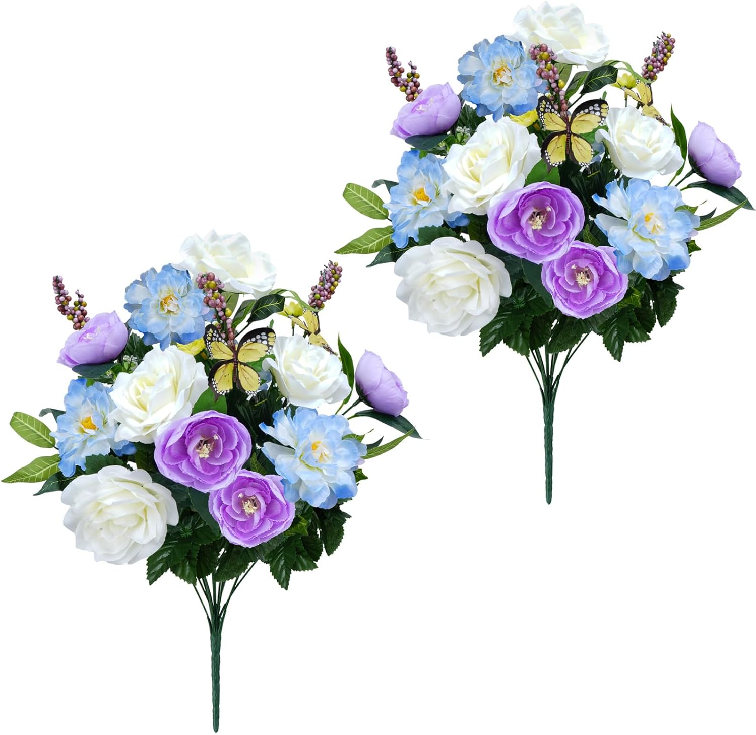 14 Stems Spring Cemetery Flowers for Grave Silk Rose with Butterfly Penoy Bouquet Purple White Fake Floral Arrangement Artificial Rose Flowers Memorial Flowers for Grave Vase Outdoor Table Decor 2Pcs