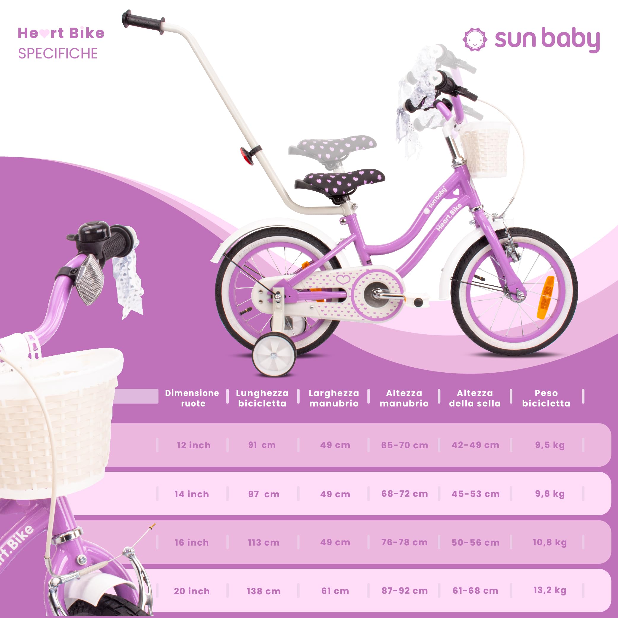 Sun Baby Heart Bike Bicicletta bambina 12/14/16 pollici, bici con rotelle, barra di spinta, cestino, campanello