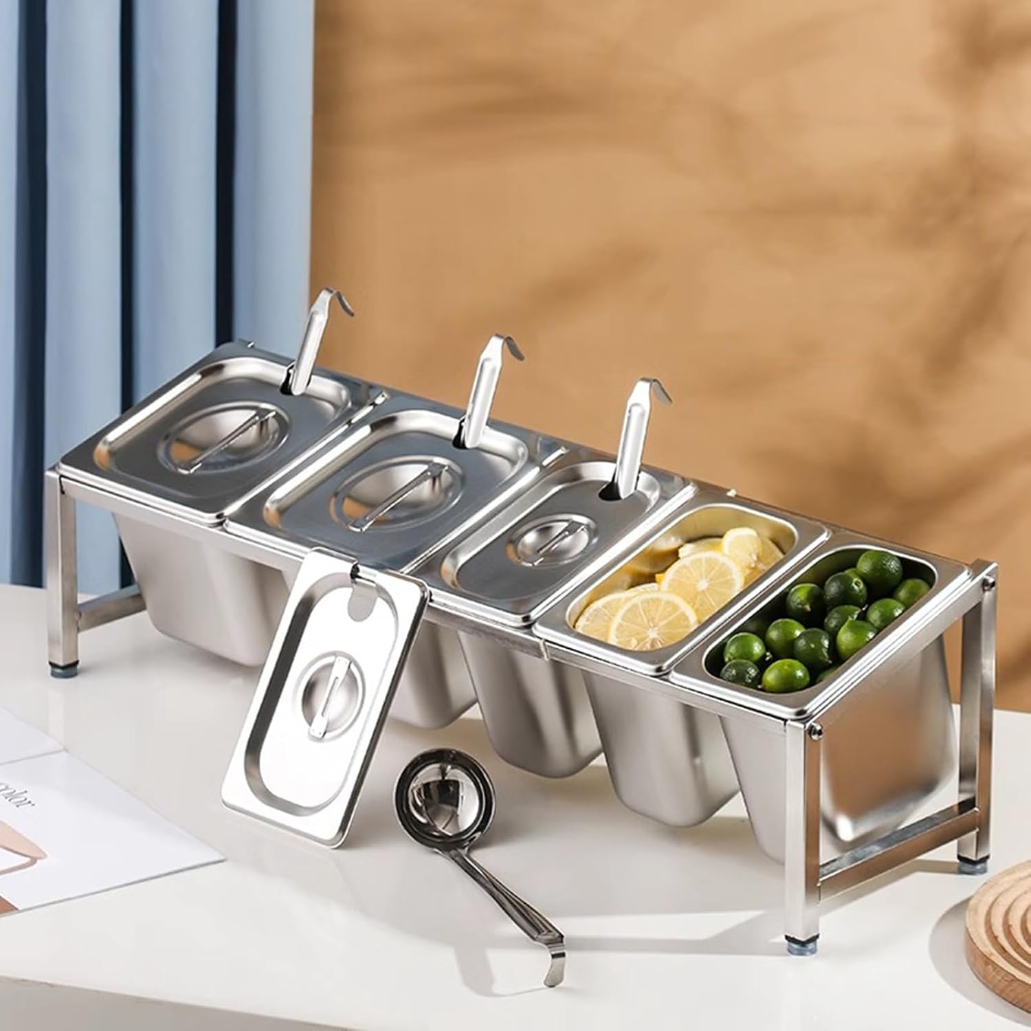 304 Stainless Steel Spice Rack Set with Spoon Lid, Inclined Organizer for Sauces & Jams, Metal Countertop Storage Holder, Buffet Container, Kitchen Organizer (30.7x7x7.9in) image 3