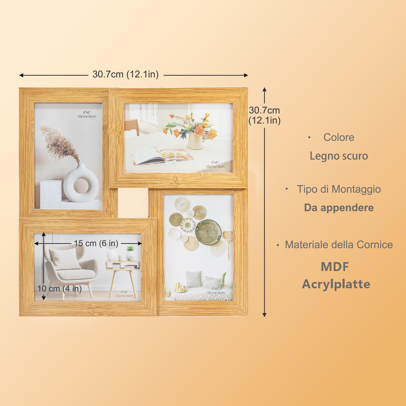 Tutee Cornice Per Foto, Robusta Cornice in Legno MDF, Cornici Foto Multiple da Parete, Portafoto da Parete Multiplo, Decorazioni Murali, Cornici 10x15cm 4PZ (Legno Scuro)
