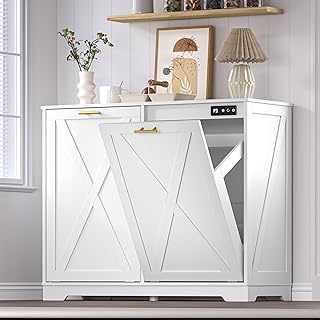 Tilt Out Trash Can Cabinet for 2 Bins, Hidden Recycle Garbage Bin Enclosure, Wooden Double Laundry Cabinet with Odor Control, Negative Ion & Ozone, for Kitchen, Bathroom, Laundry Room