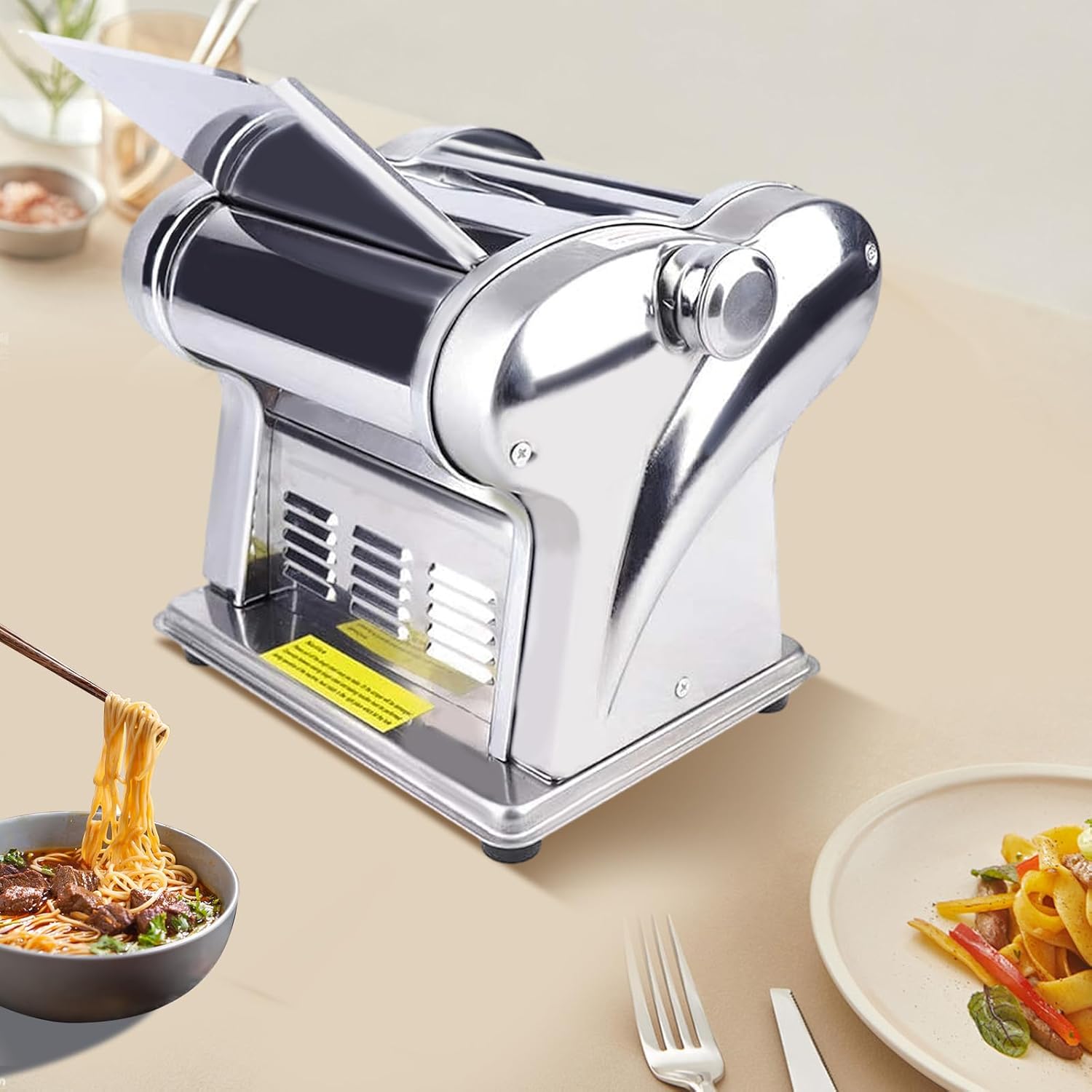 Electric Dough Roller Sheeter, 135w Stainless Steel Automatic Noodle Pasta Maker Machine 6 Thickness Knobs Spaghetti Roller Pressing Machine for Commercial and Homemade Use (110V)