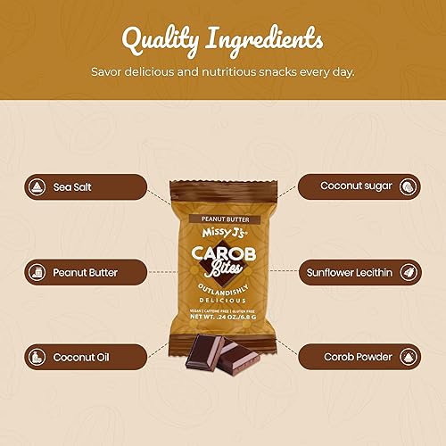 Miniatura 8 de Missy J's Mini bocados orgánicos de algarroba de mantequilla de maní de 0.24 onzas, paquete de 15 unidades, hechos con azúcar de coco, vegano, sin