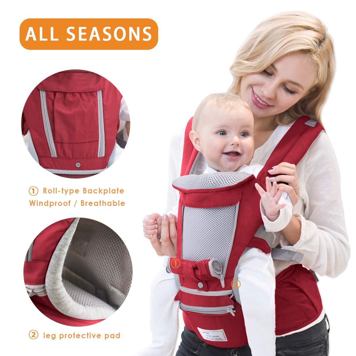 SONARIN 3 in 1 Multifunktion Hipseat Baby Carrier, Babytrage, Vorder und Rückseite,100% Baumwolle,Ergonomisch,Freie Größe(Rot)