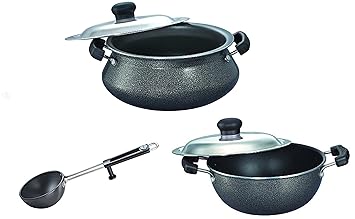 Prestige Senior Handi Dia 23cm with SS Lid-5 litres, Black&Prestige Aluminium Cookware Tadka Pan, 13cm, Black&Prestige Omega Select Plus Aluminium Flat Base Kadhai with Lid, 27 cm, Black