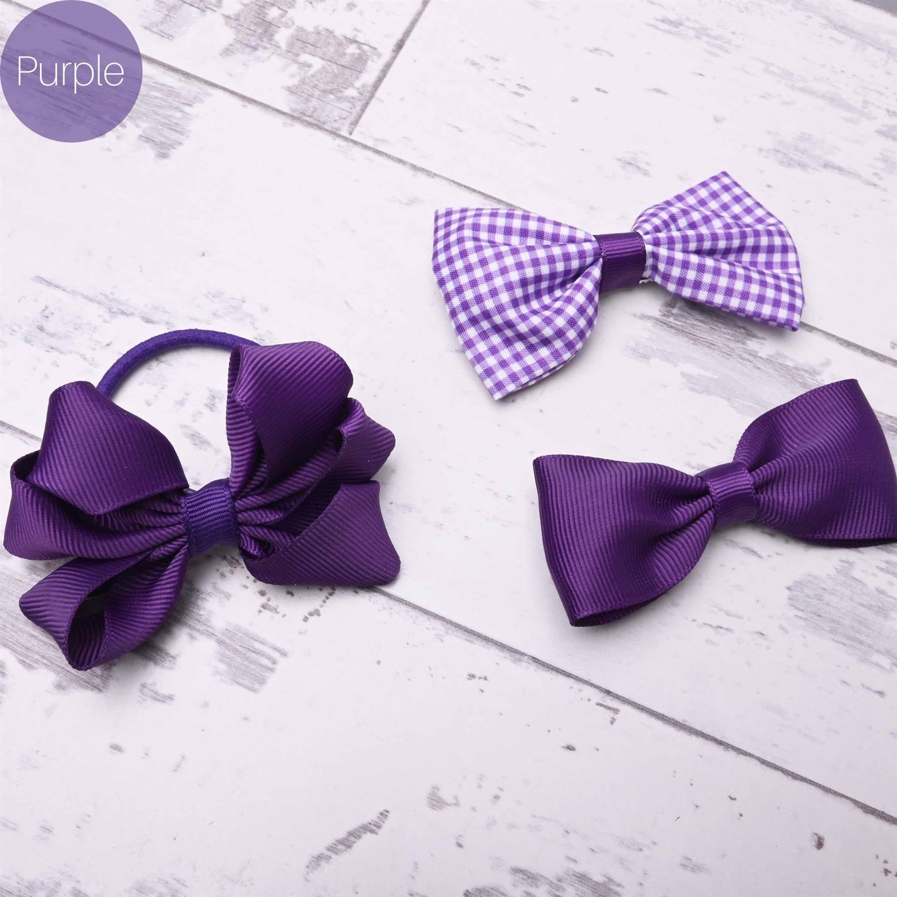 Basic Sense School Bow Hair Clips and Elastic Plain & Gingham Set - Accessories for Girls Purple, 3 count (Pack of 1) - Image 4