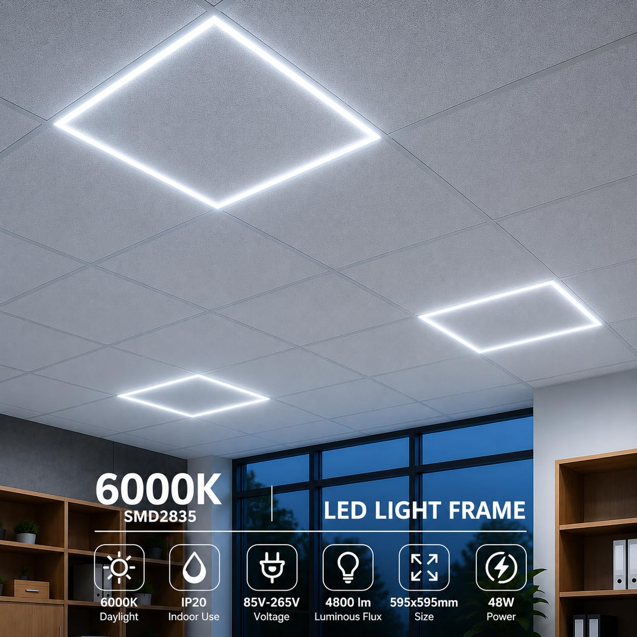 Jandei – Pack 2 x Panel LED 60x60cm. Marcos Luminosos 48W 4800 Lúmenes, Placas para Instalación en Falso Techo Desmontable Armstrong, 40000 Horas - Driver incluido (Luz Fría 6000k)
