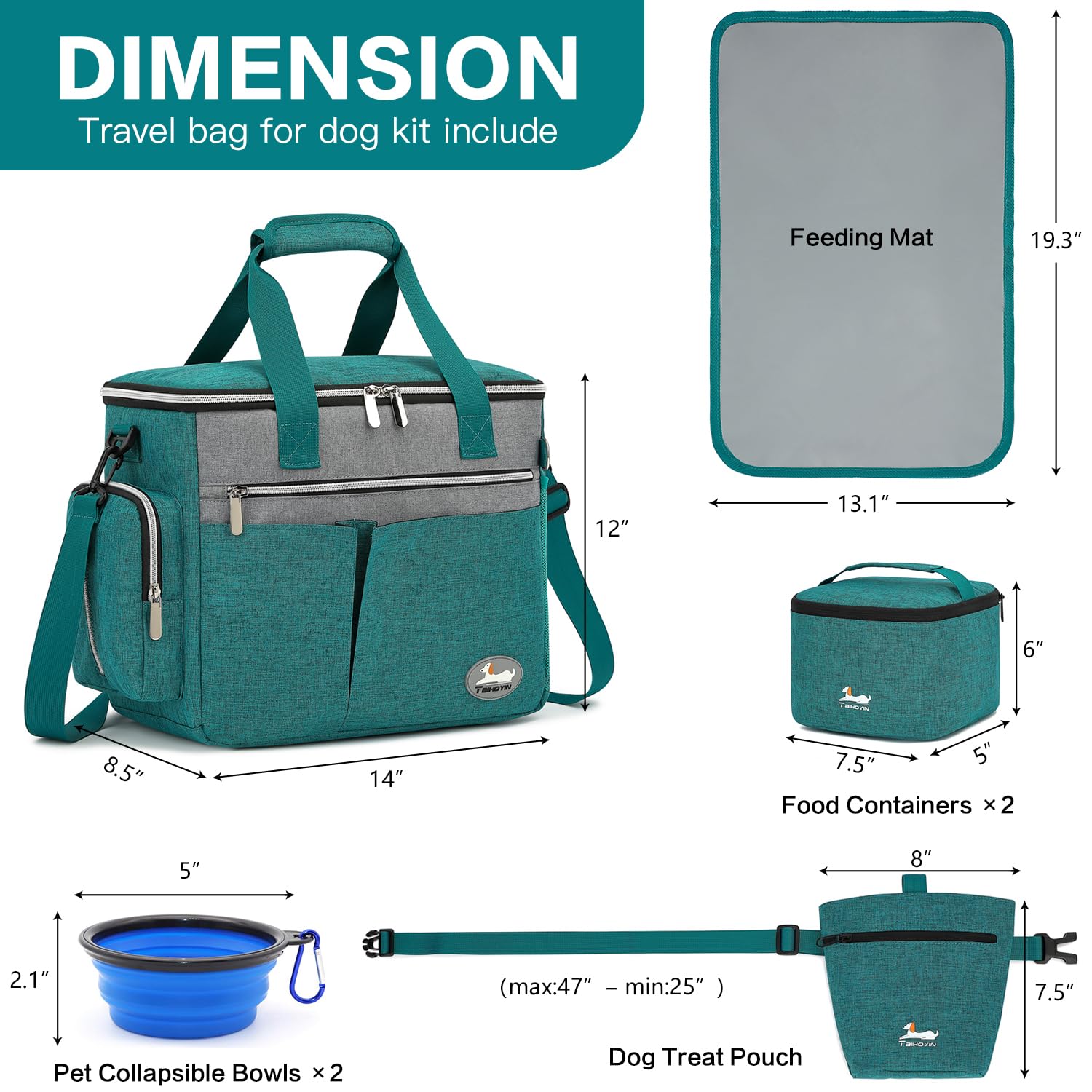 Sac de Voyage Chien Kit Complet d'accessoires (7 pièces) avec Sacs Nourriture, Bols Pliables, Tapis et Pochette Parfait pour Les Voyager Sorties Vert Foncé