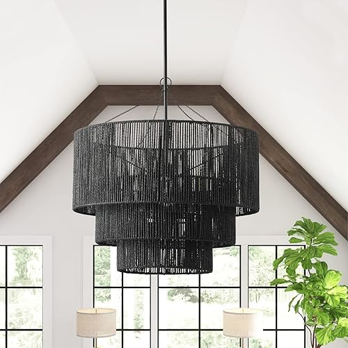 Aiwen Lámparas colgantes modernas de 27.55 pulgadas, color negro mate, iluminación colgante de techo con cuerda de cáñamo, candelabros ajustables
