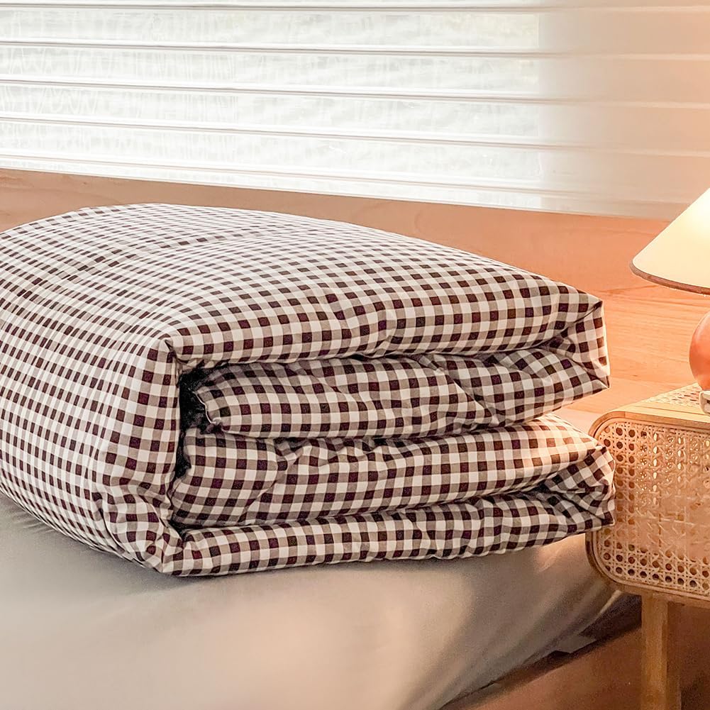 NSNLGSGC King Size Comforter Set, Mocha Gingham Bedding Comforter Sets, Dark Brown Grid Bed Comforter 3 Pieces (1 Comforter, 2 Pillowcases)