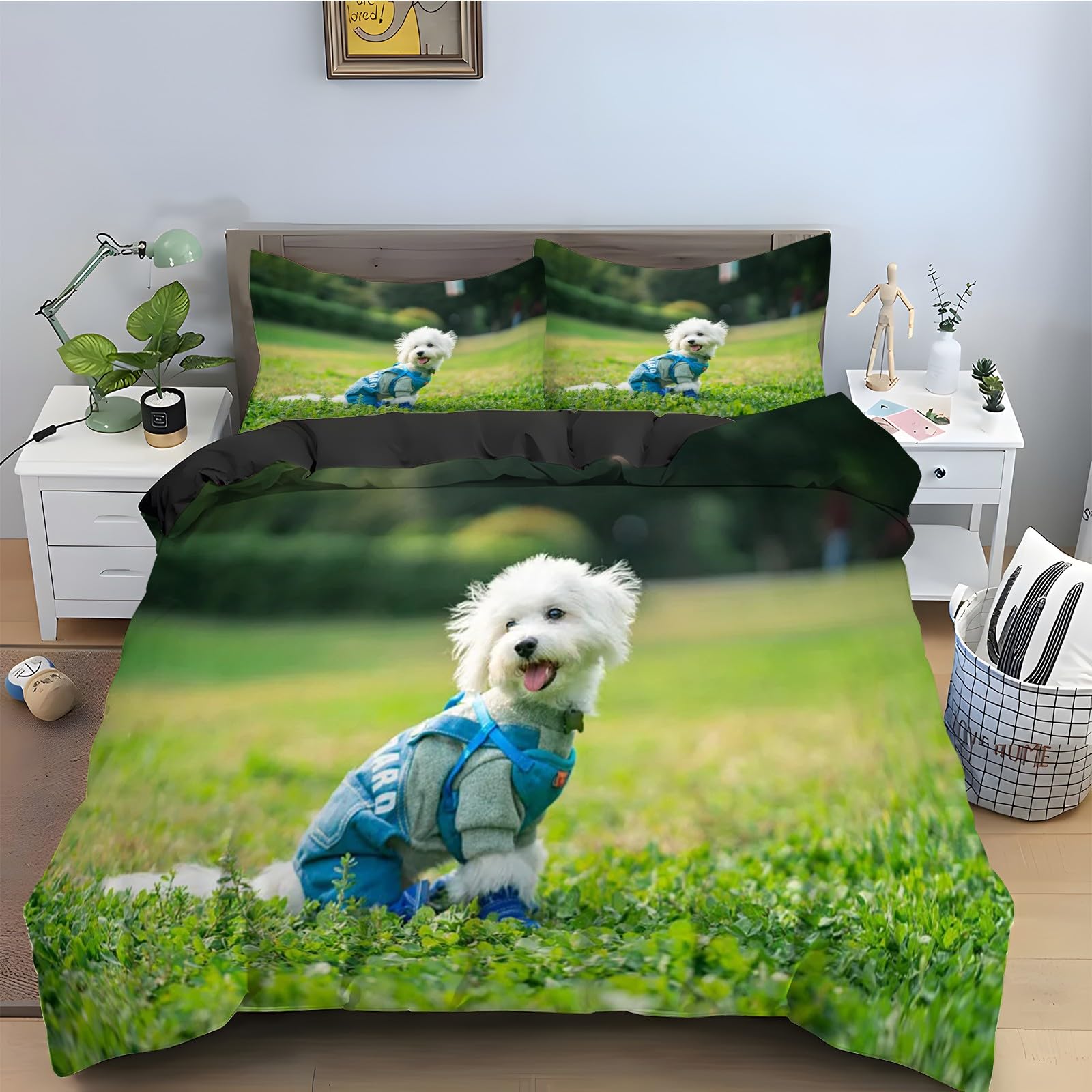 Housse de couette 200x200 Terrier Blanc parure lit 3 pièces microfibre