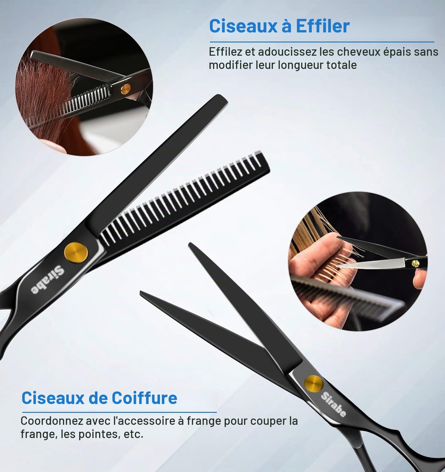 Lot de 9 ciseaux de coupe de cheveux professionnels avec ciseaux de coupe, ciseaux d'amincissement, peigne, cape, clips, ciseaux de coiffure noirs pour coiffure, salon de coiffure, maison
