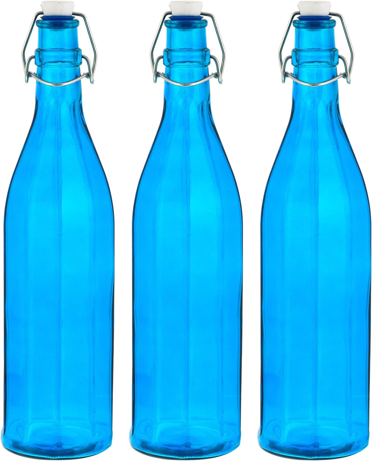Machak Colhexa Glass Bottles With Cork 1litre, Kitchen Decoration (Blue, Set of 3)