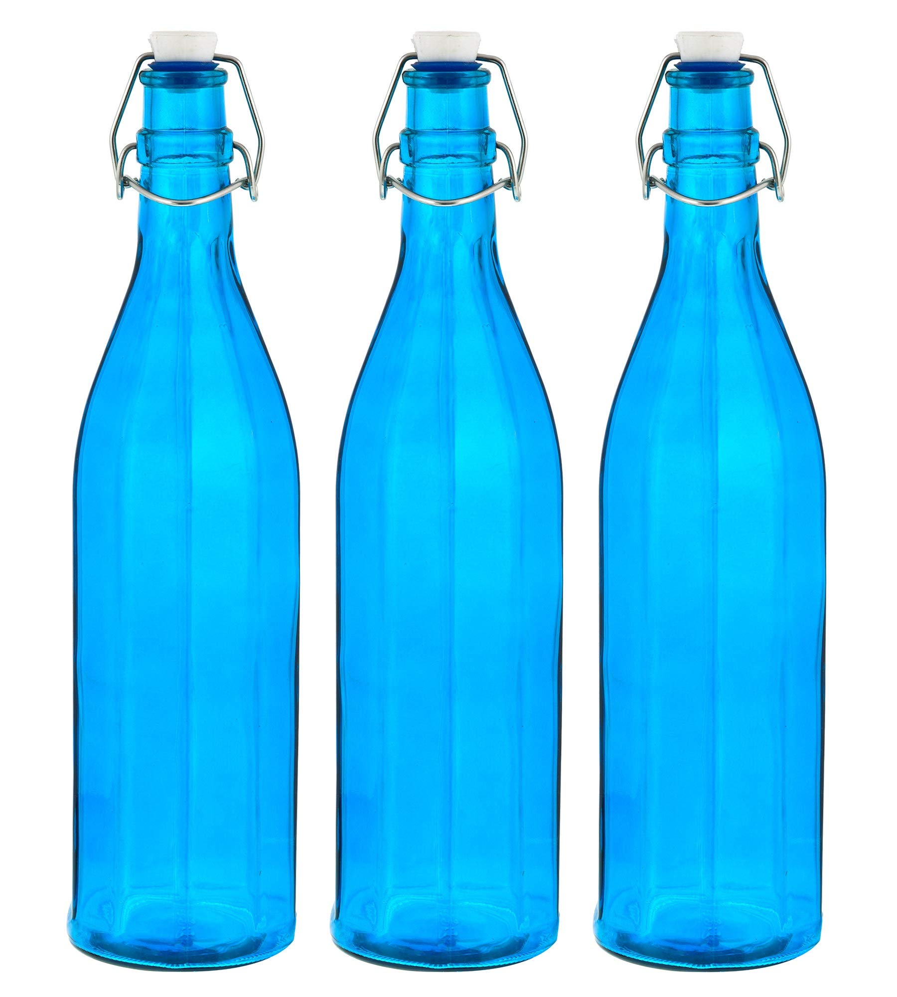 Machak Colhexa Glass Bottles With Cork 1litre, Kitchen Decoration (Blue, Set of 3)