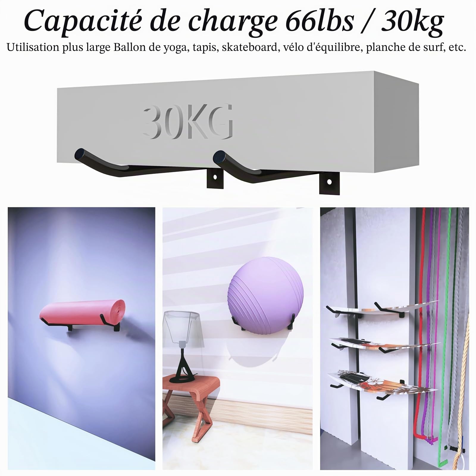 Support mural pour ballons de médecine et tapis de yoga, 2 paires de supports muraux pour ballons d'exercice en métal pour le rangement d'équipements de fitness dans la salle de sport ou le