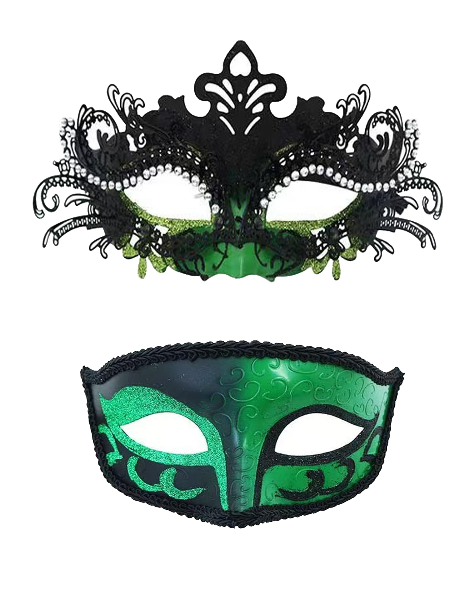 HeHeGe Couple Masquerade Masks with Shiny Rhinestone Venetian Party Mask Halloween Costume Carnival Mask New Year Party Christmas for Couples Women and Men (Black green)