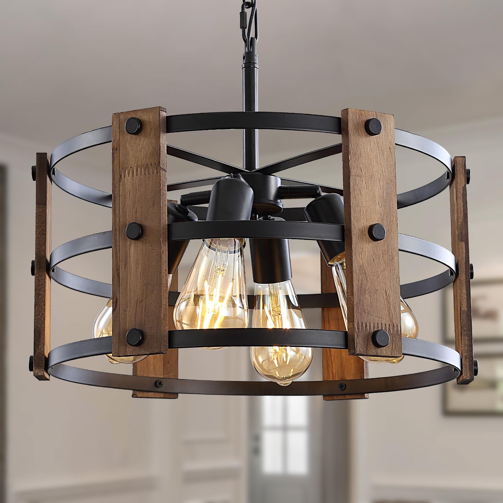 Mikeru Wooden Pendant Light, 39cm 4 Lights Rustic Farmhouse Pendant Light, Industrial Style Chandelier, Brown Fixture, Height Adjustable, for Kitchen, Living Room, Cafe, Dining Room
