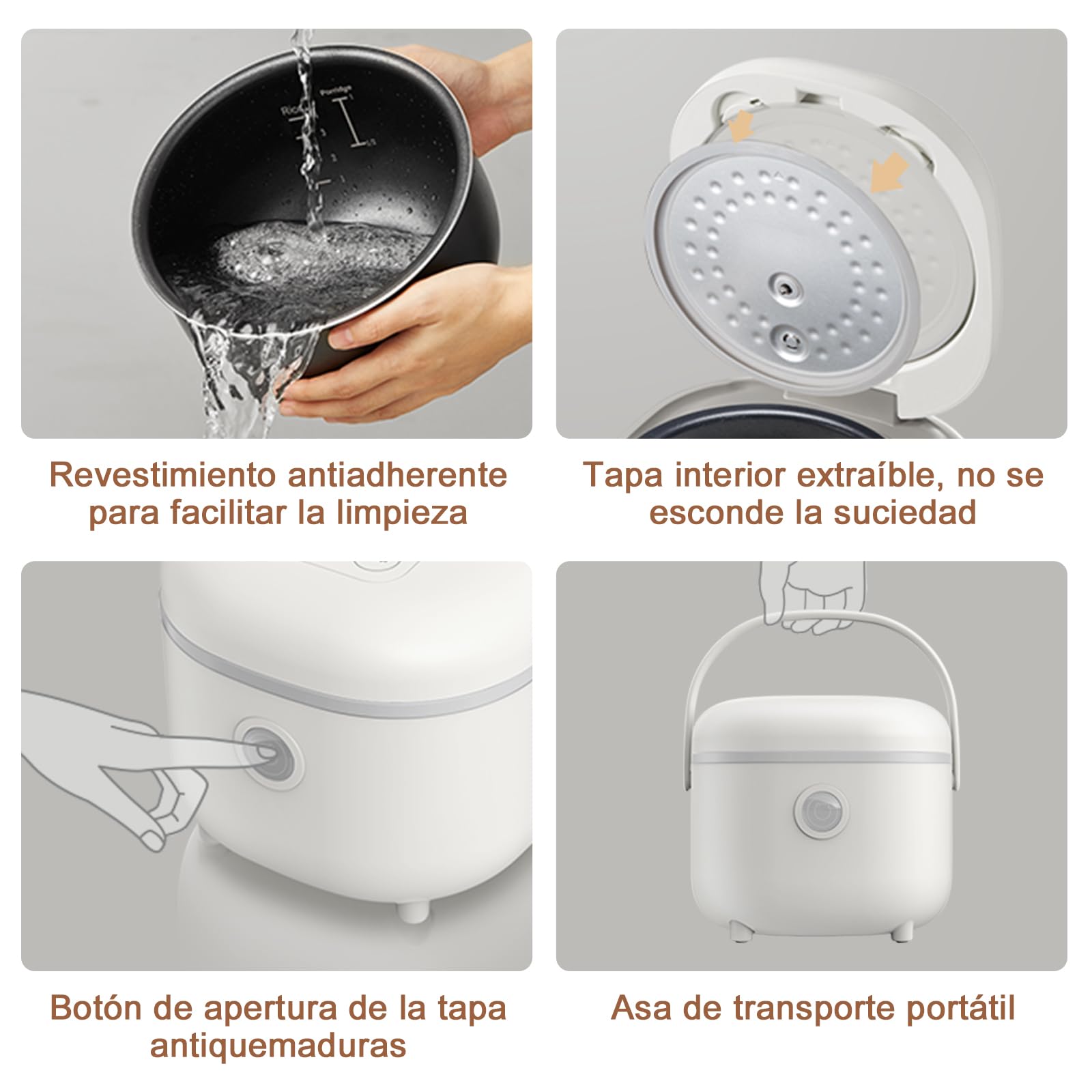 Bear Arrocera de 4 Tazas (sin cocer) con Vaporera, Mini Rice Cooker Multifuncional de 350W,6 Funciones de Cocción de arroz para 2-4 Personas,Blanco