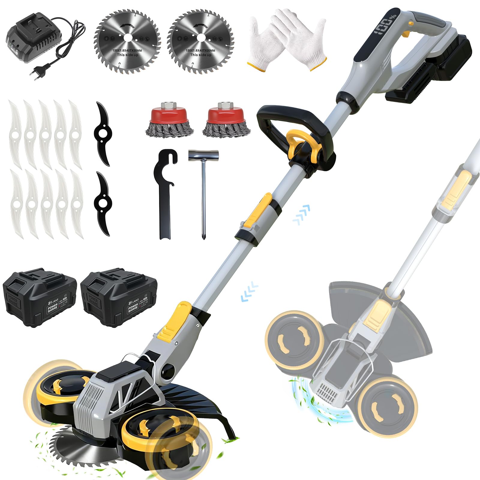 Rasentrimmer mit Akku und Unkrautbürste, Akku Rasentrimmer für Makita-Akkus mit 4 Klingentypen und 2X4.0Ah Akkus, 21V Bürstenlose Freischneider Akku für Garden Trimmen (Grau)
