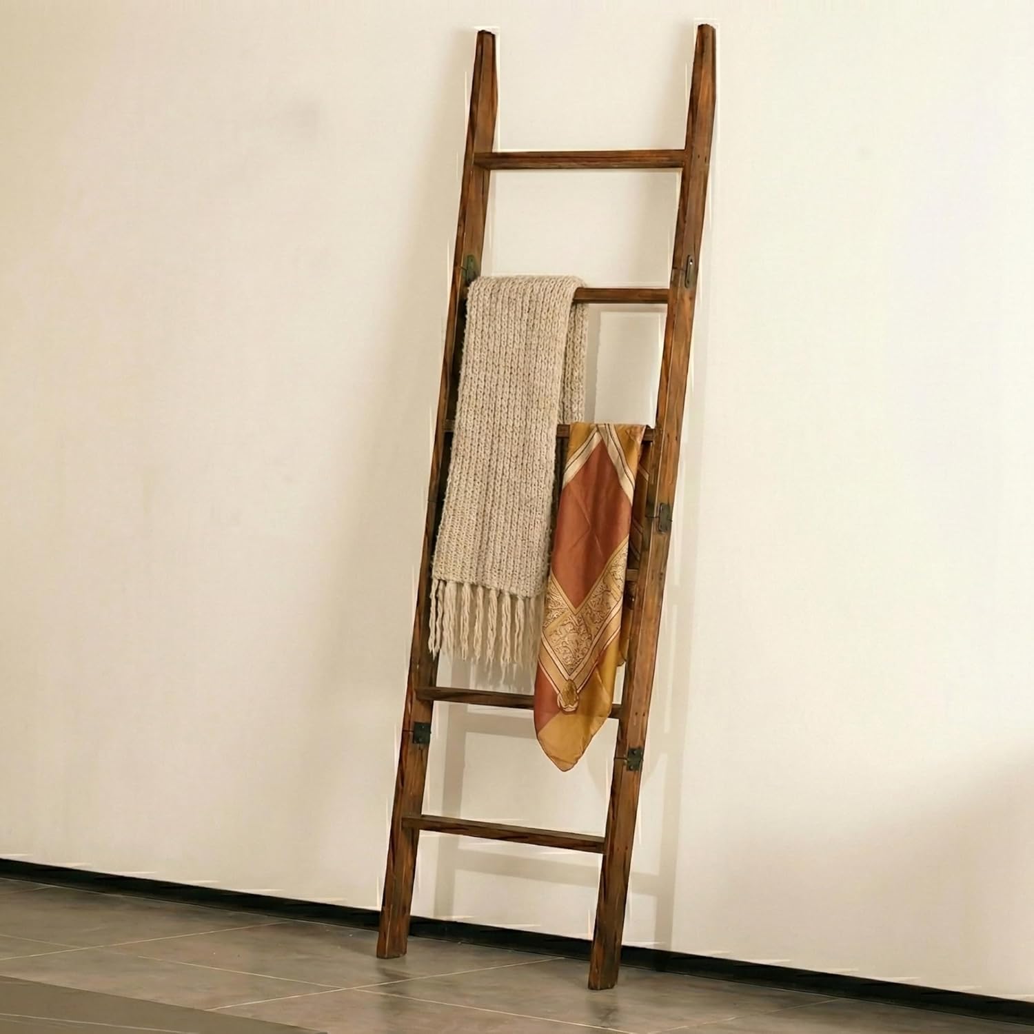 Blanket Ladder for Living Room 6-Tier, Wooden Decorative Quilt Holder for Bed Room, Wall-Leaning Towel Rack for Bathroom, Decorative Blanket Ladder Wood for Home Decor & Display (Dark Brown)