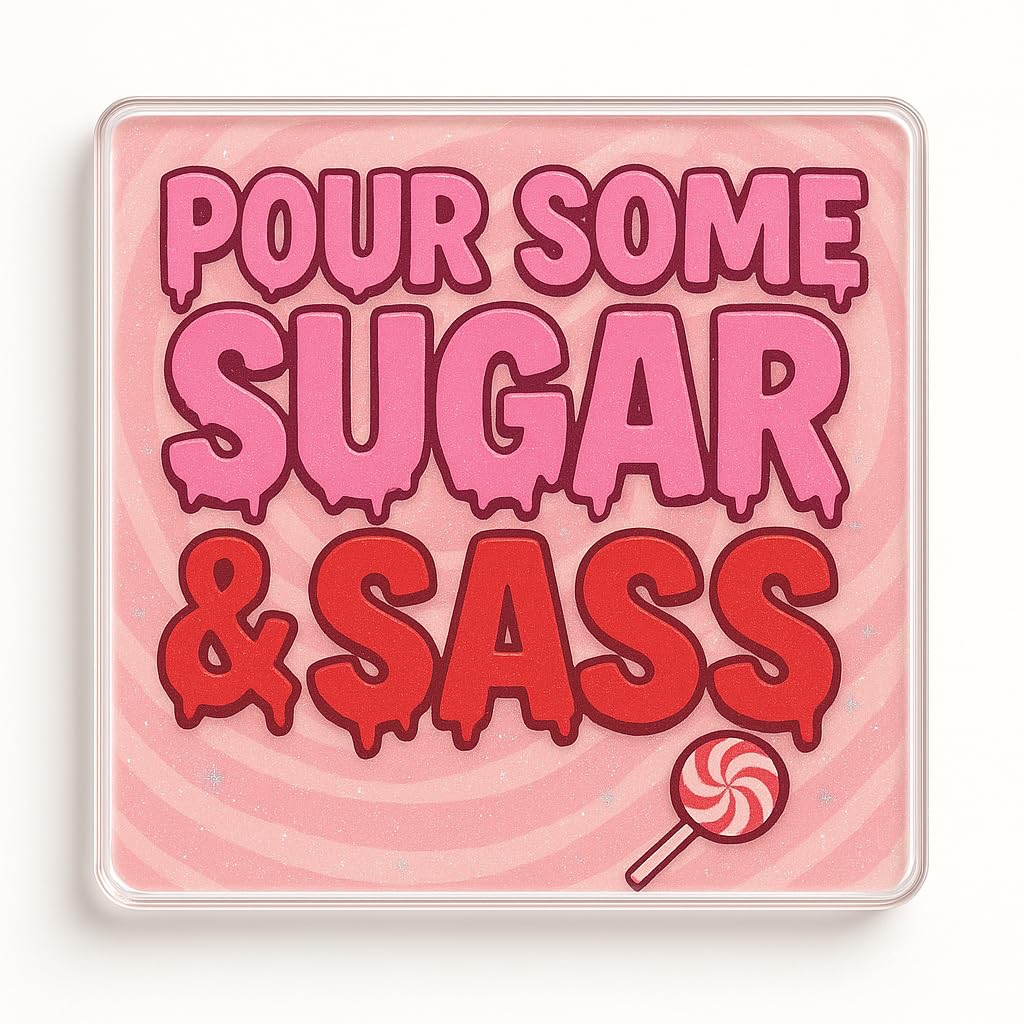 The Plum Penguin Sugar Sass Swirl Acrylic Coaster Gift With Playful 'Pour Some Sugar & Sass' Design - Trendy Home Decor For Millennials & Gen Z Vibes