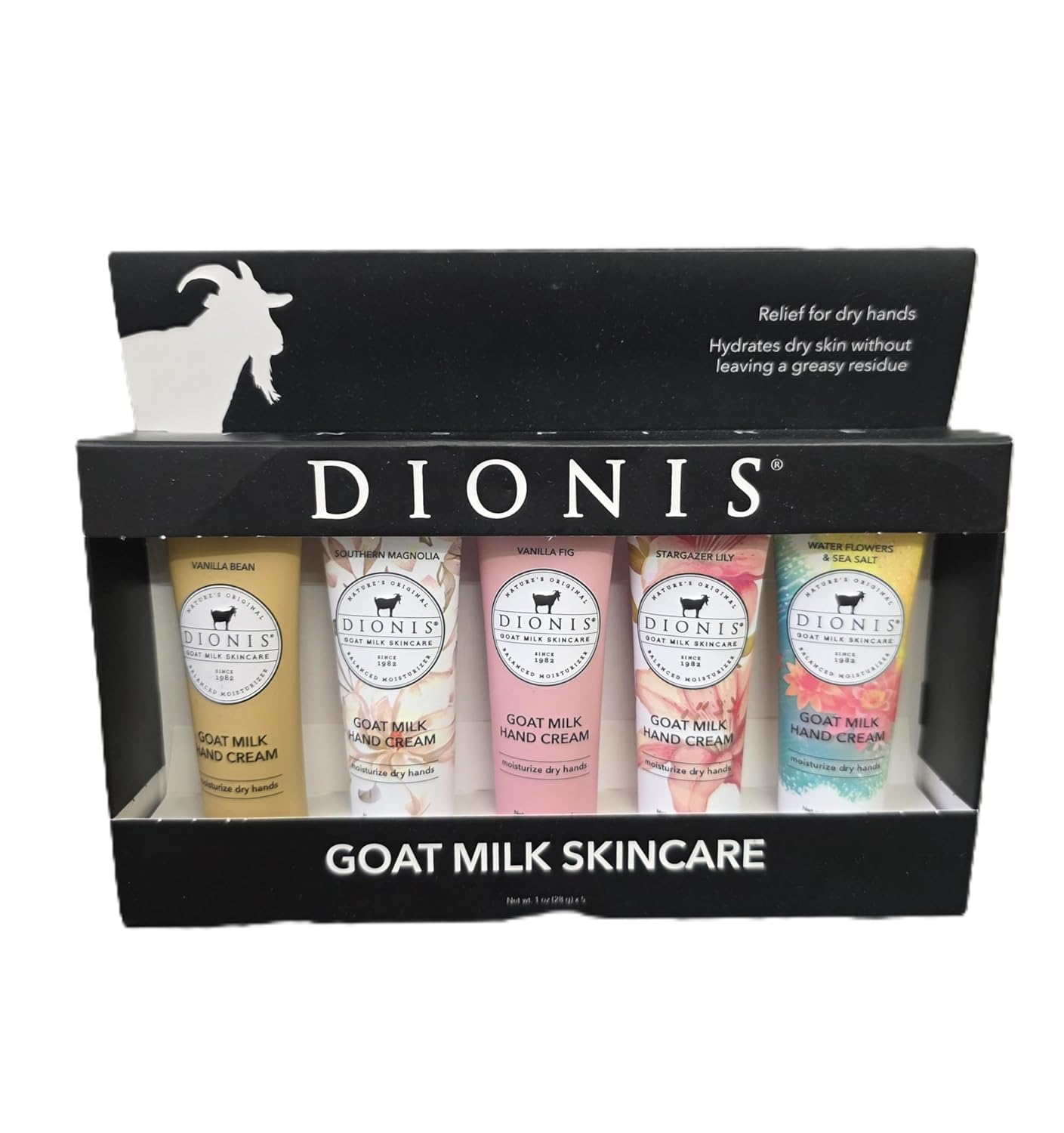 Dionis Goat Milk Hand Cream Gift Set, 5 Pack Assorted Fragrances with Vanilla Bean, Southern Magnolia, Vanilla Fig, Stargazer Lily, Water Flowers and Sea Salt, Non-Greasy Formula