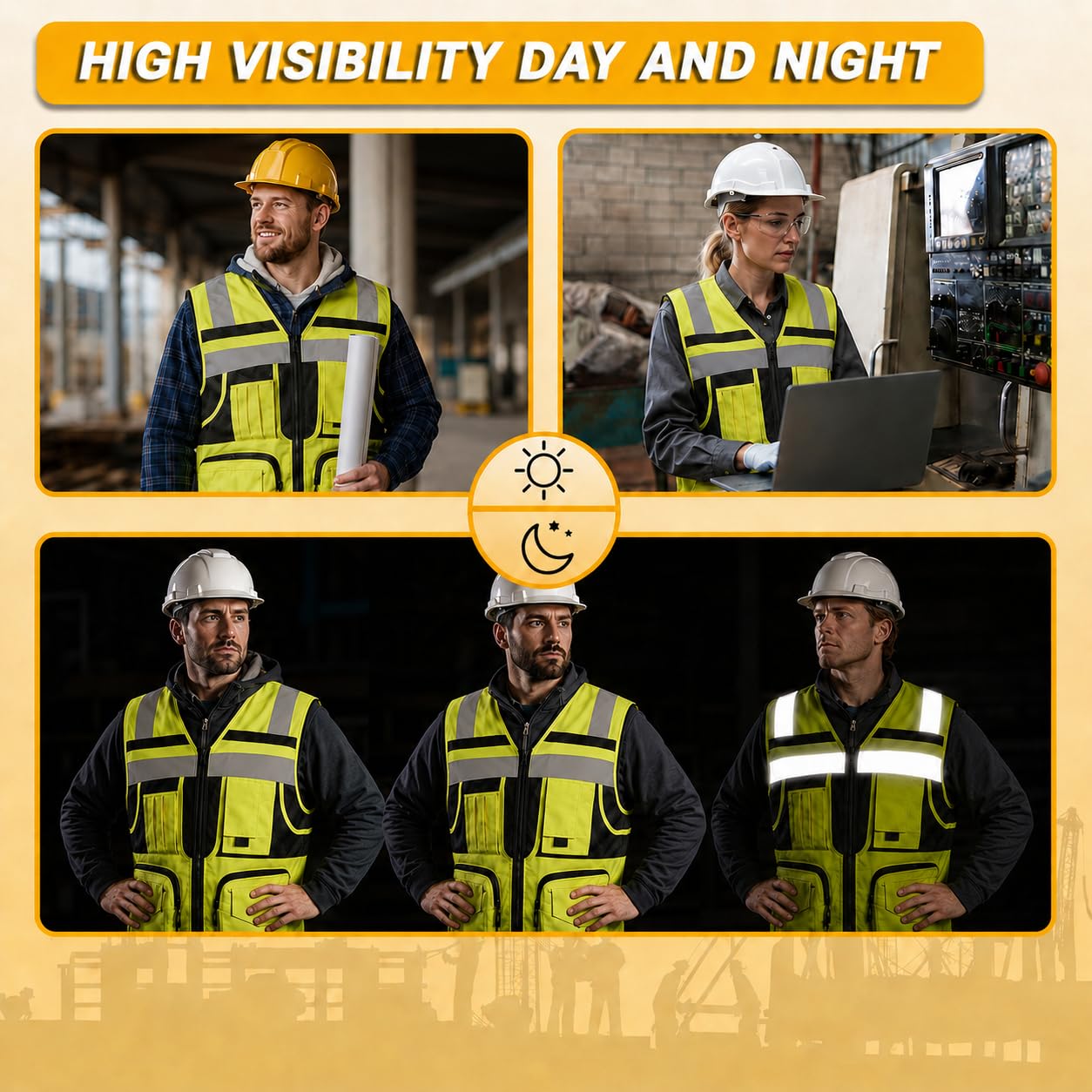 Chaleco de seguridad de punto con rayas reflectantes 3M, chaleco Oxford de alta visibilidad con bolsillos, ropa de trabajo de construcción brillante para hombres y mujeres, Amarillo alta visibilidad,