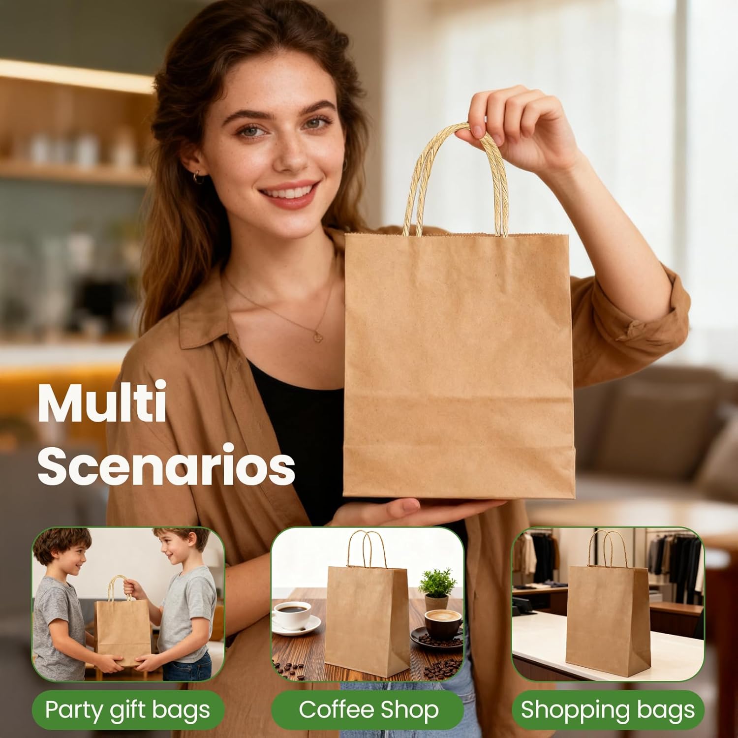 Xvvirnt 100 Pcs Brown Paper Bags, 8X4.3X10inch Gift Wrap Bag Bulk, Kraft Paper Bags with Handle for Small Business, Grocery Shopping Retail, Party Favor, Birthday Party, (Natural, Medium Size)