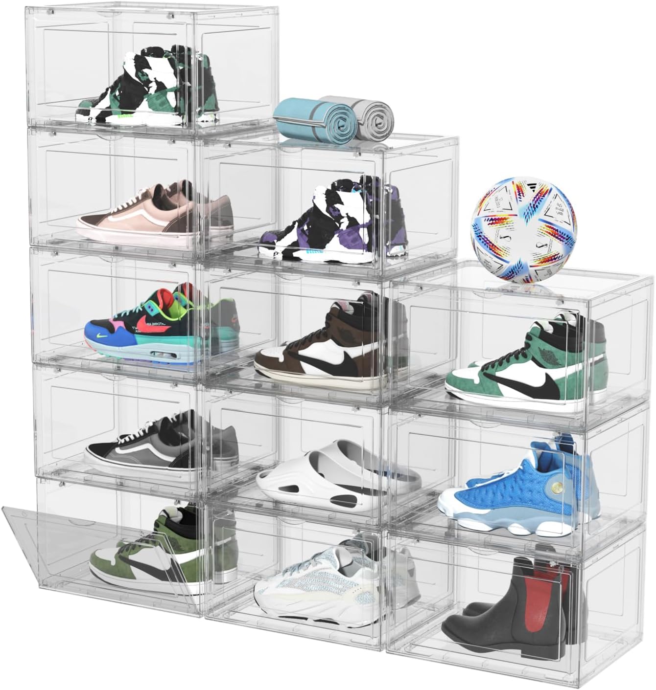 12 Packs Large Acrylic Clear Shoe Boxes with Magnetic Door, Strong Stackable Shoe Organizers, Sneaker Containers, Boot Display Case Up to US Size 15