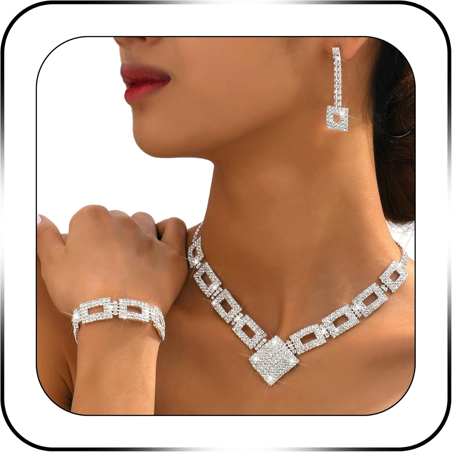 Rhinestone Jewelry Set Necklace Bracelet Earrings Set Sparkly Necklace Dangle Earrings Prom Formal Costume Jewelry Sets for Women and Brides