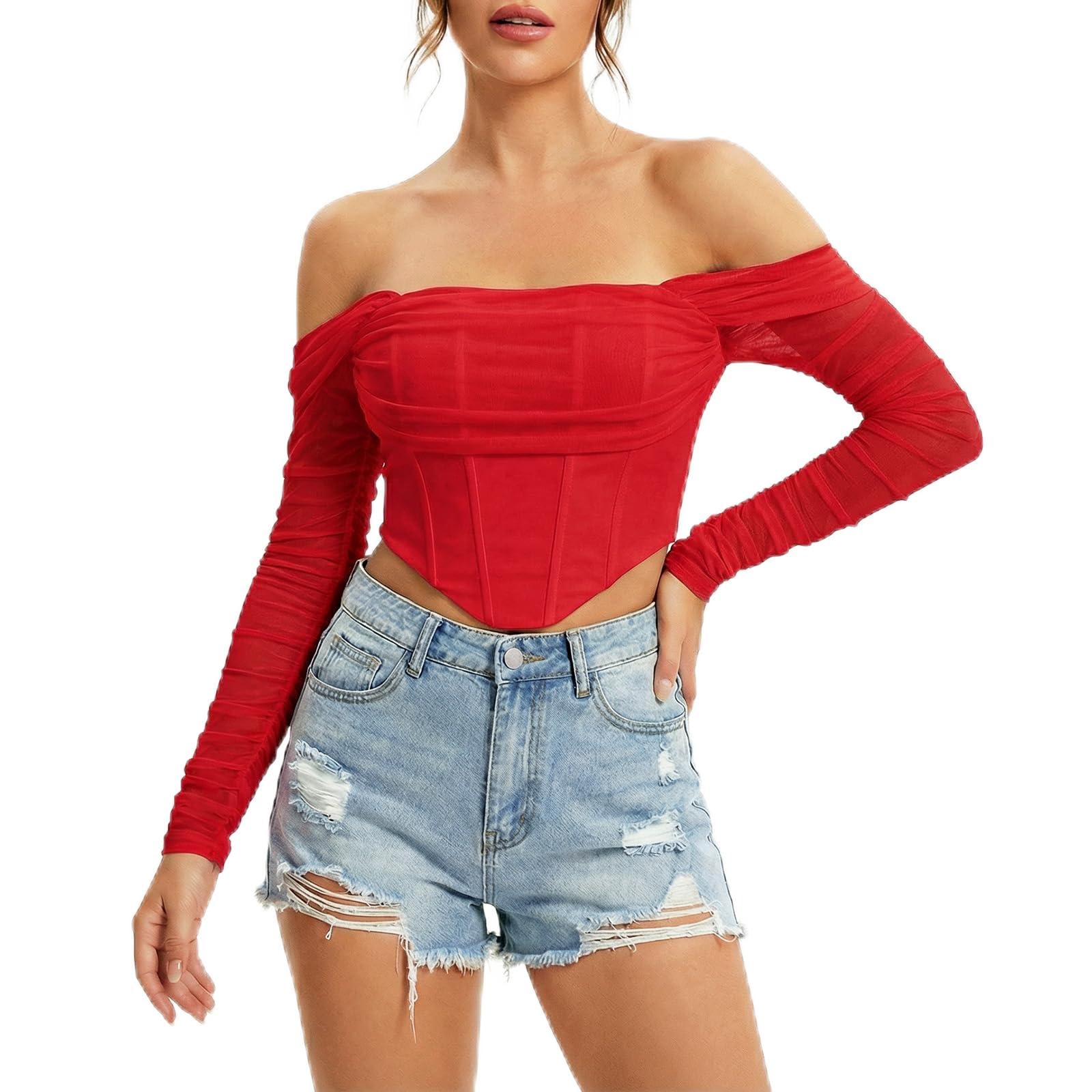 JSXZMMSM Corset Tops for Women Long Sleeve Off The Shoulder Crop Boned Bustier Trendy Y2K Going Out Tops