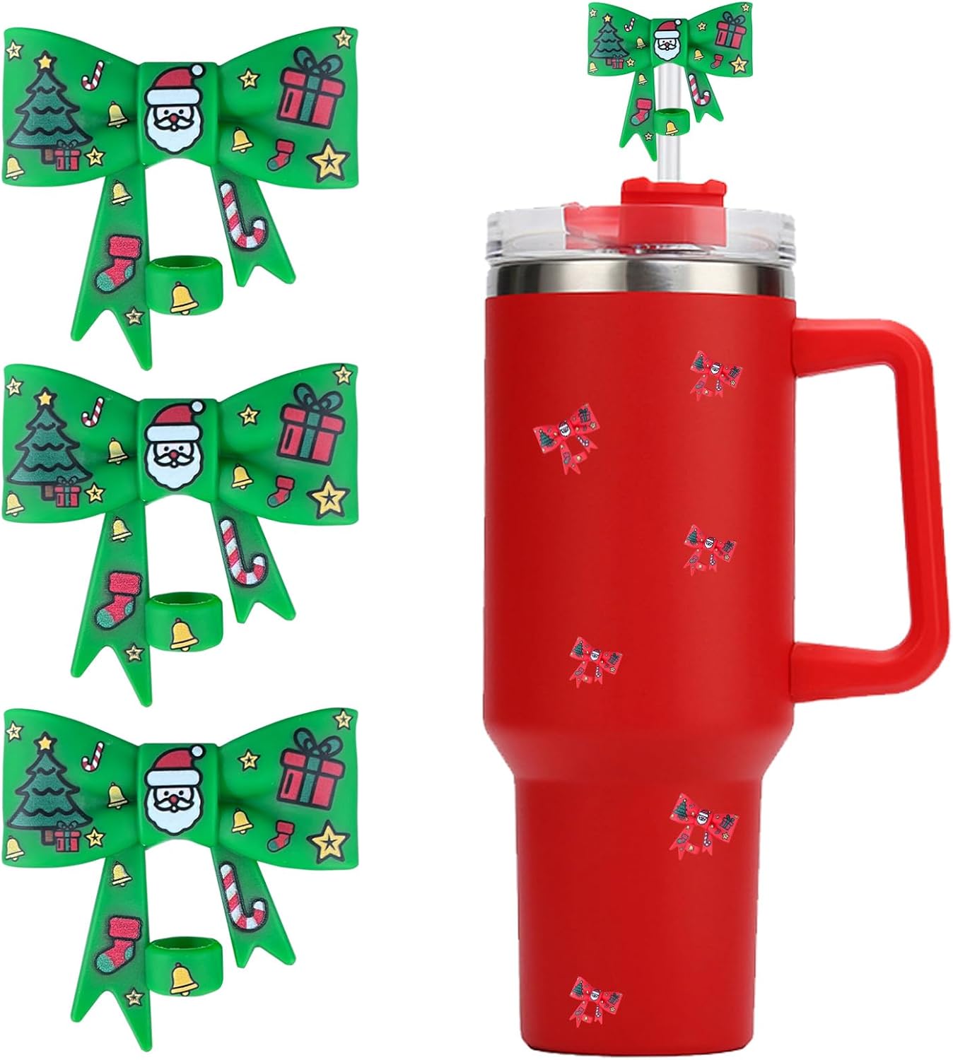 HIUSITY Christmas Bow Straw Cover Topper for Stanley Cup,Silicone Straw Toppers for Tumbler with Handle 40oz,Cute 10mm/0.4in Straws Covers Cap,Reusable Straws Lid for Stanley Cups Accessories,3Pcs GRE