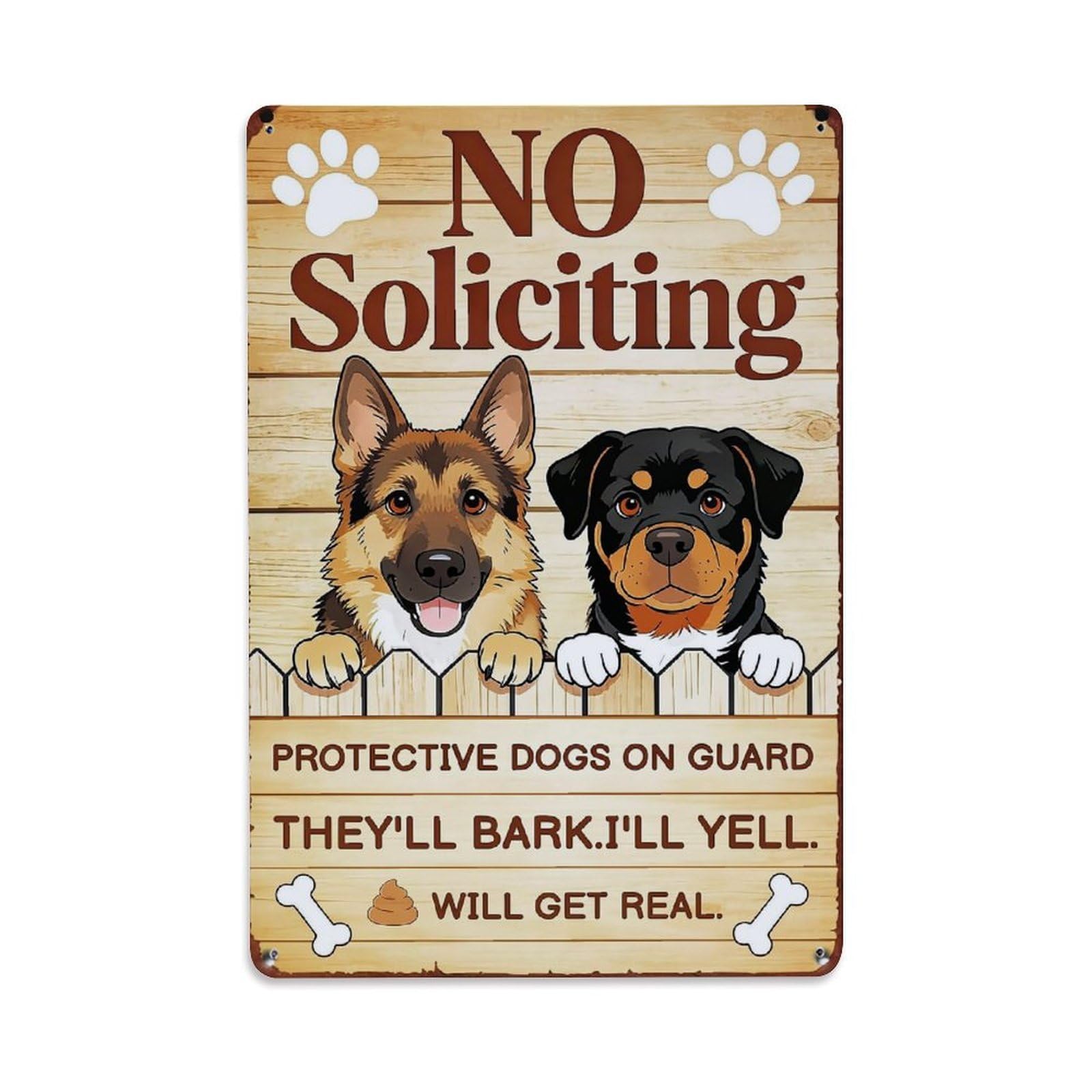 Nestemfo Vintage No Soliciting Protective Dogs Sign Tin Sign Metal Sign, Living Room,Bar, Home, Bedroom Wall Decor,Retro Metal Poster 8X12 Inches