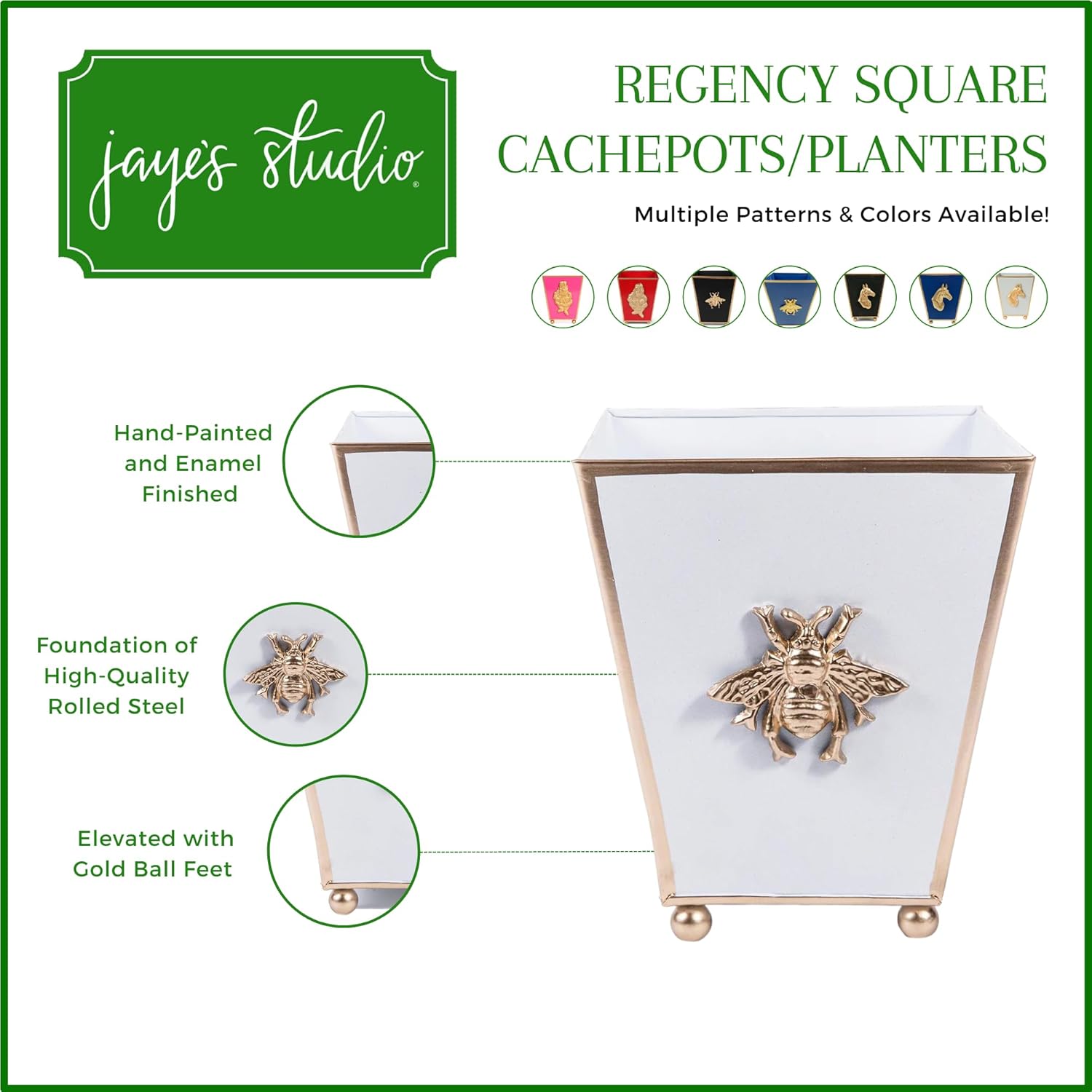 Jaye's Studio Regency Bee, Decorative White Square Cachepot & Planter, Gold Trim & Finish, Hand-Painted, Handcrafted Metal, Luxury Indoor, Size 6x6x8