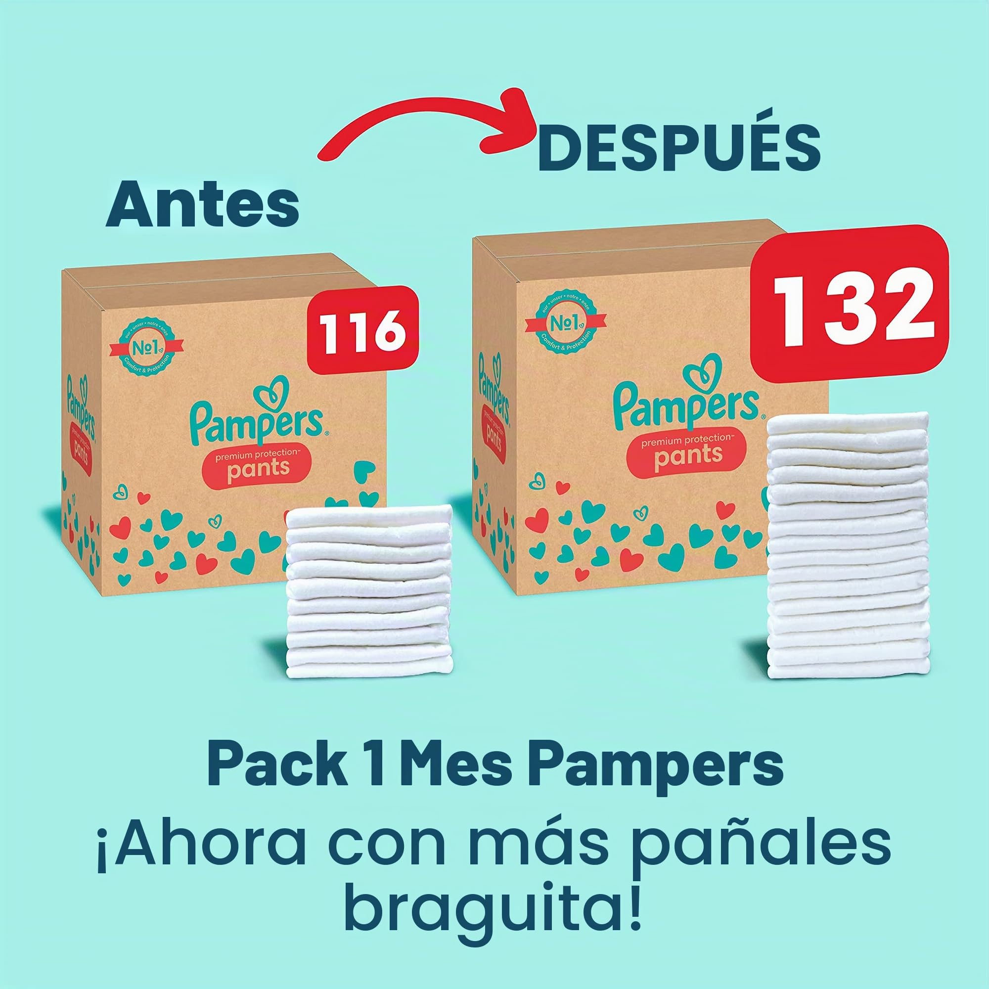 Pampers Talla 6 Pañales (15+ kg), Protección Premium, 132 pañales, caja mensual, funda de ropa 1 para mayor comodidad y protección de la piel sensible