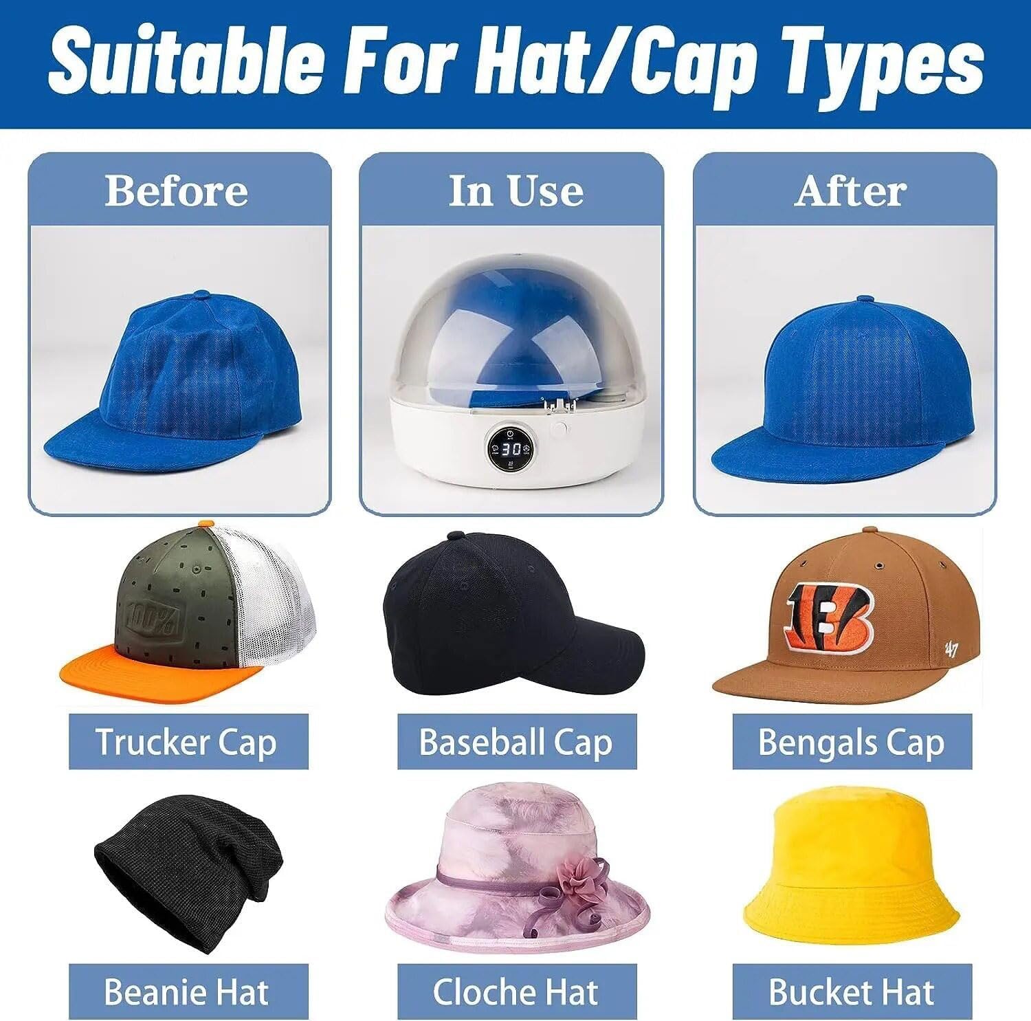 Pulitrice e Modellatrice Cappelli Automatica 3-in-1 a Vapore - Macchina per Cura, Stiraggio e Asciugatura Rapida per Cappellini Baseball, Bucket Hat, Fedora - Sanificazione e Deodorizzazione