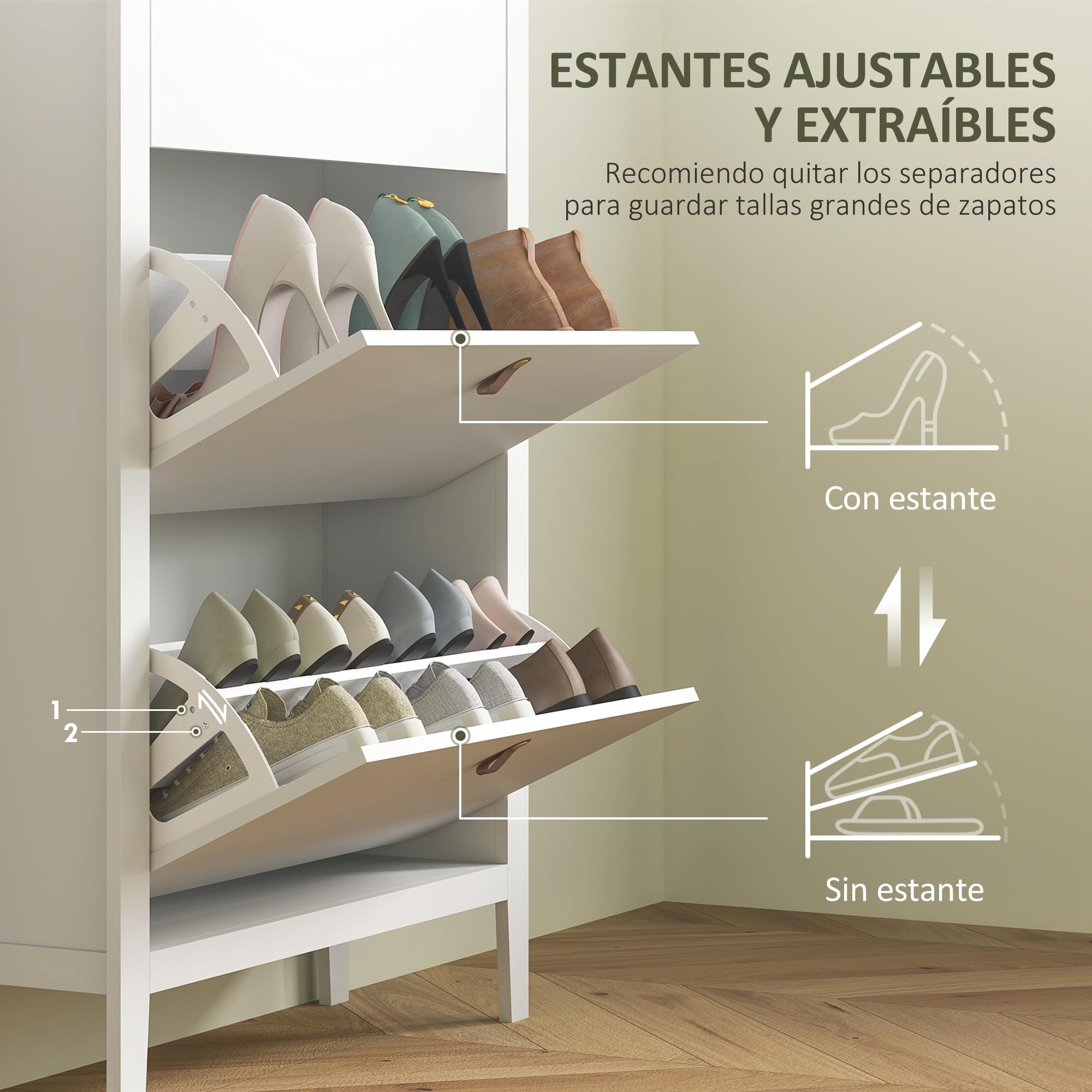 HOMCOM Zapatero Estrecho 4 Puertas, Zapatero Entrada Recibidor, Estantes Ajustables, Tiradores de PU, para 20 Pares de Zapatos, para Pasillo, Espacios Reducidos, 80x24x131 cm, Blanco