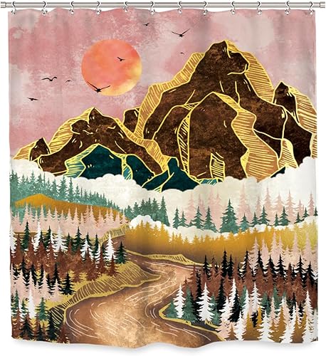 Miniatura 2 de Ufeela Cortina de ducha abstracta de montaña de 60 pulgadas de ancho x 72 pulgadas de alto, estilo bohemio, puesta de sol, paisaje, naturaleza,