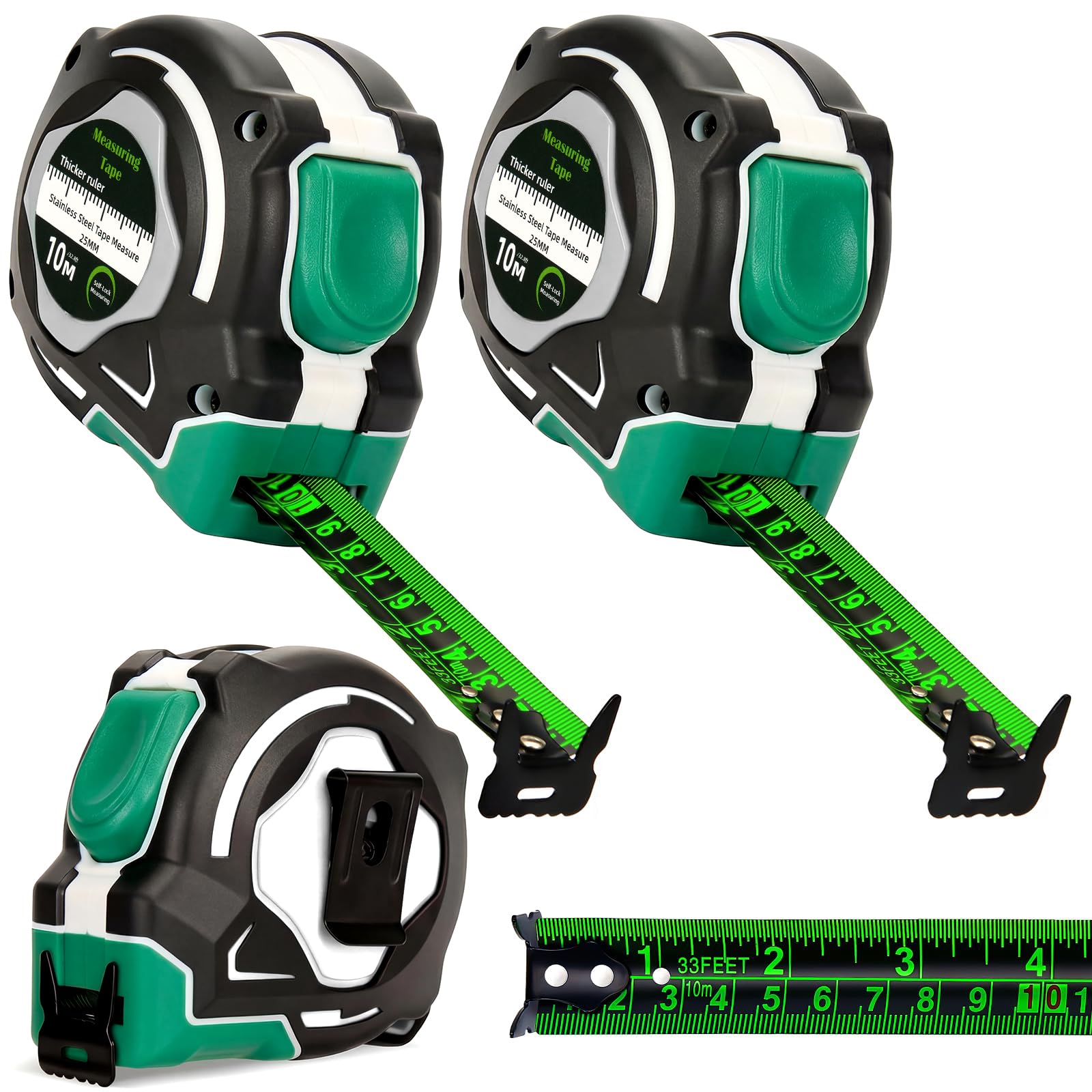 2 Pack 10M/32.8ft Tape Measure, Width 25mm Fluorescent Transparent Steel Precision Measuring Tape, Stainless Steel Retractable Double Sided Graduated, Easy To Read Self-Lock Measuring(Green)