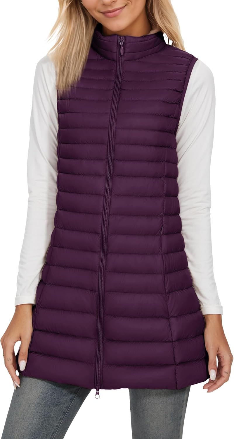 ELFJOY Women's Mid Long Down Vest Lightweight Puffer Vest Coat Jacket Stylish Windbreaker