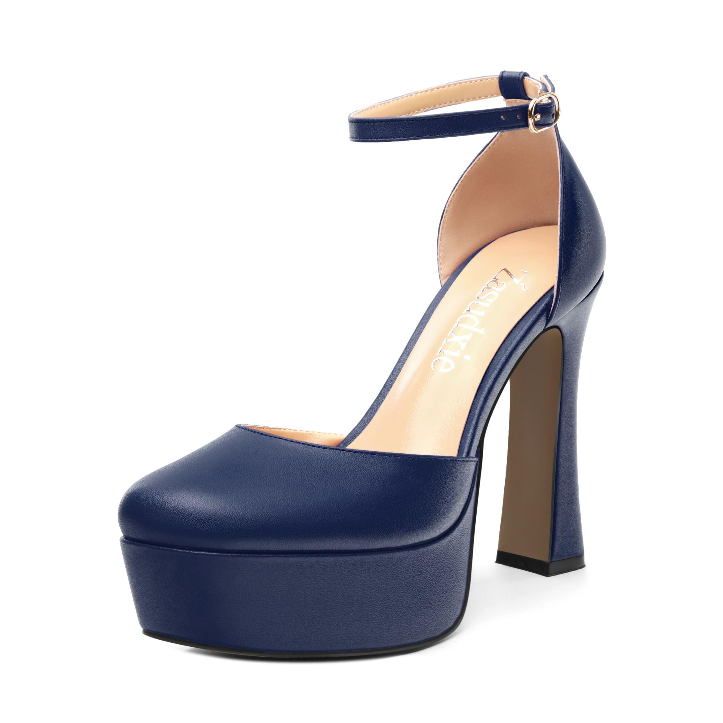 zasudxie Womens Ankle Strap Platform High Heels Solid Matte Buckle Square Toe Chunky High Heel Pumps Wedding Evening Party Dress Shoes 4.7 Inch