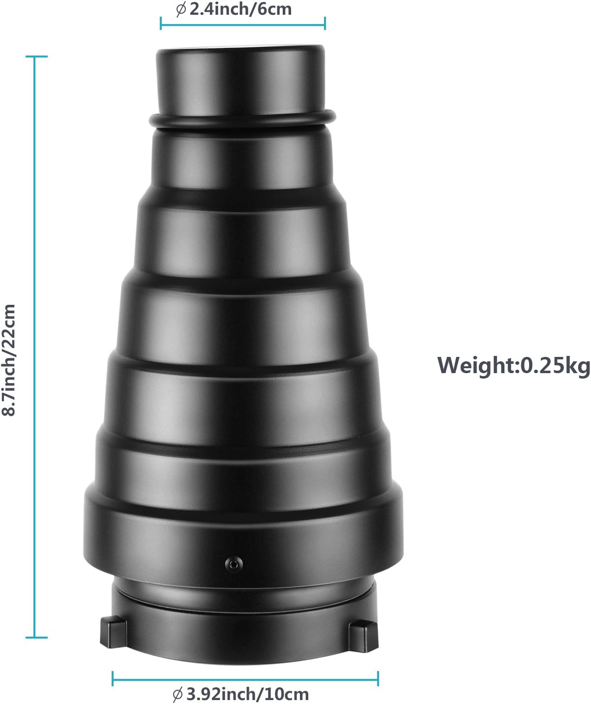 Diagram showing the dimensions of the Neewer Conical Snoot: 8.7 inches height, 2.4 inches filter diameter, and 3.9 inches mount diameter.