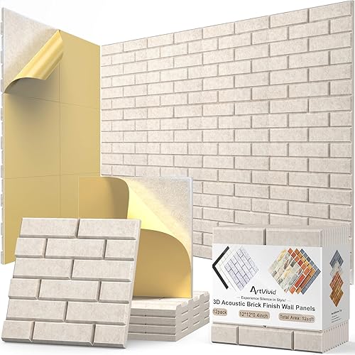 Miniatura 8 de Paquete de 12 paneles acústicos, paneles autoadhesivos con patrón de ladrillo 3D a prueba de sonido para paredes, paneles decorativos de pared con